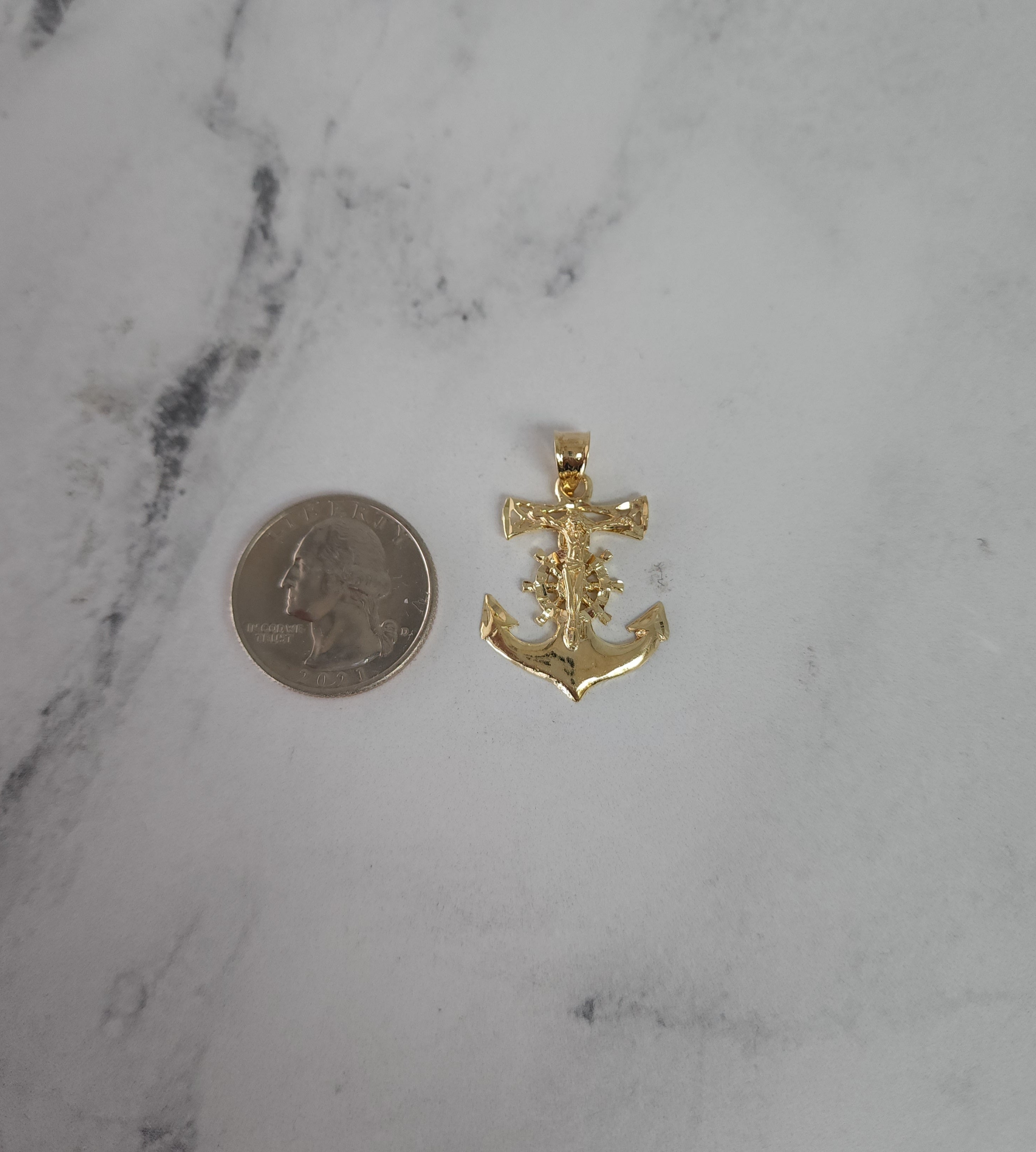 Nautical Style Crucifix Cross on Anchor with Diamond Cuts 14k Yellow Gold