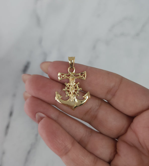 Nautical Style Crucifix Cross on Anchor with Diamond Cuts 14k Yellow Gold