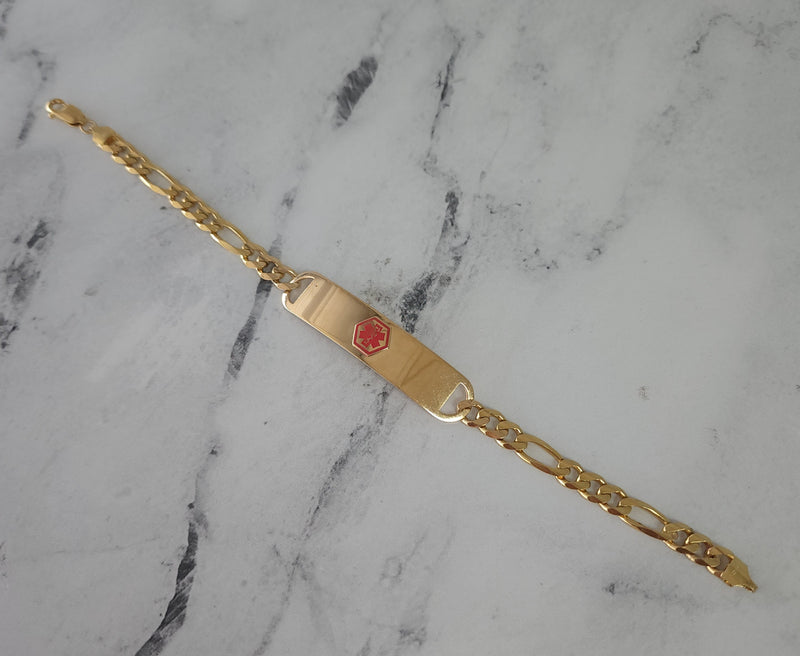 Medical Alert Bracelet with Figaro Chain 14k Yellow Gold