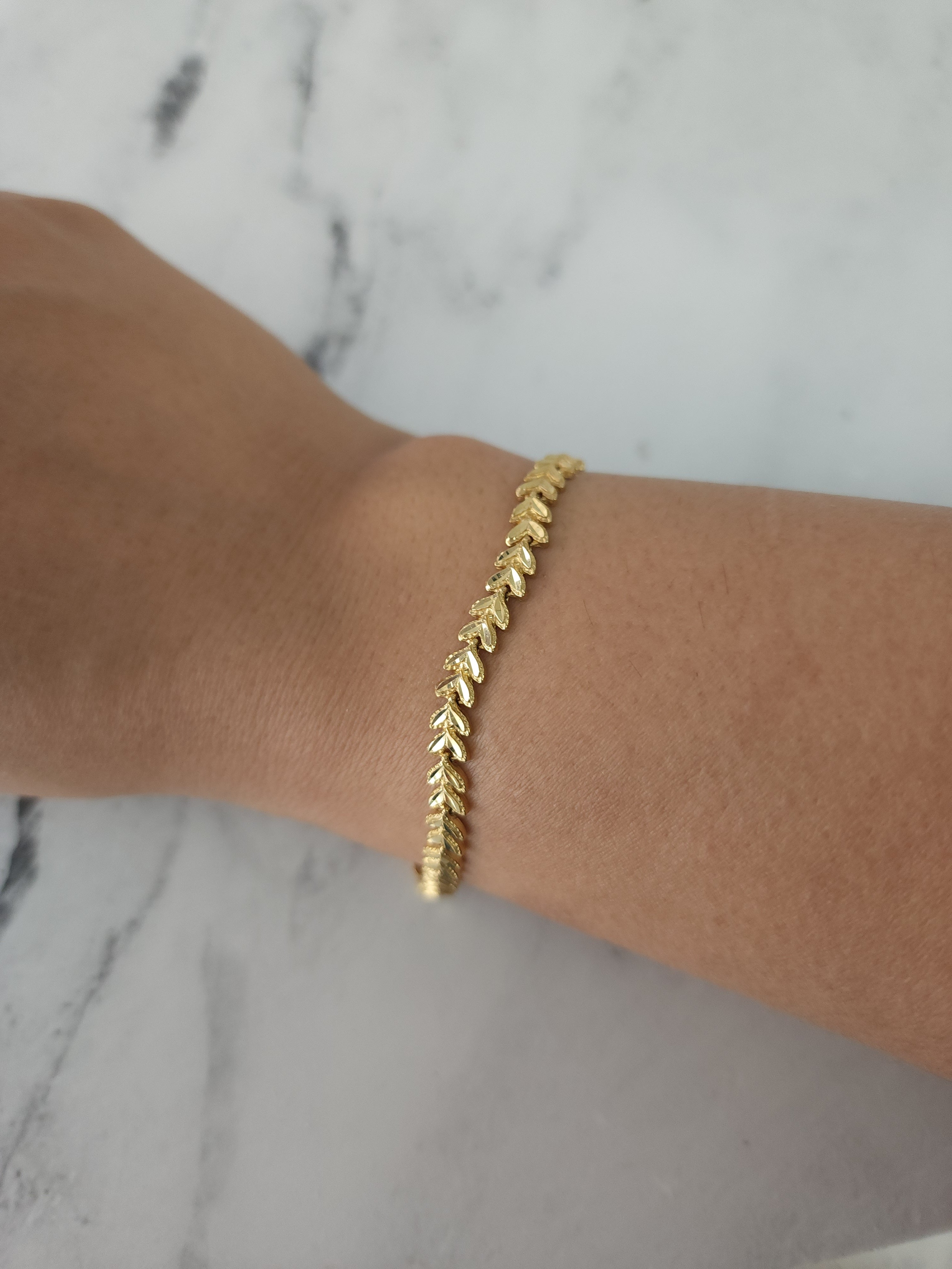 Gold Leaf Design Bracelet with Diamond Cuts 14k Yellow Gold