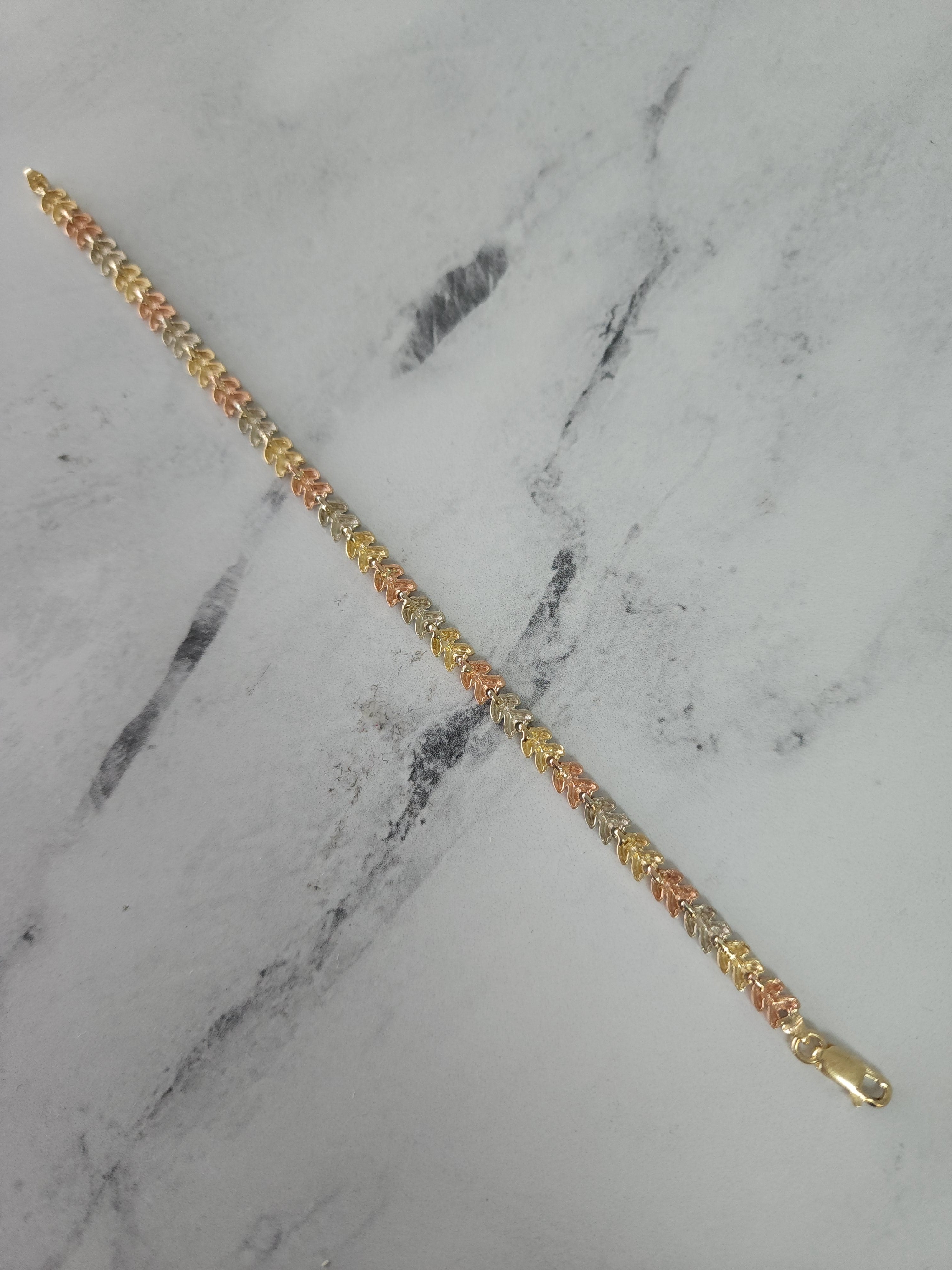 Yellow, White, & Rose Gold Leaf Design Bracelet with Diamond Cuts 14k Gold