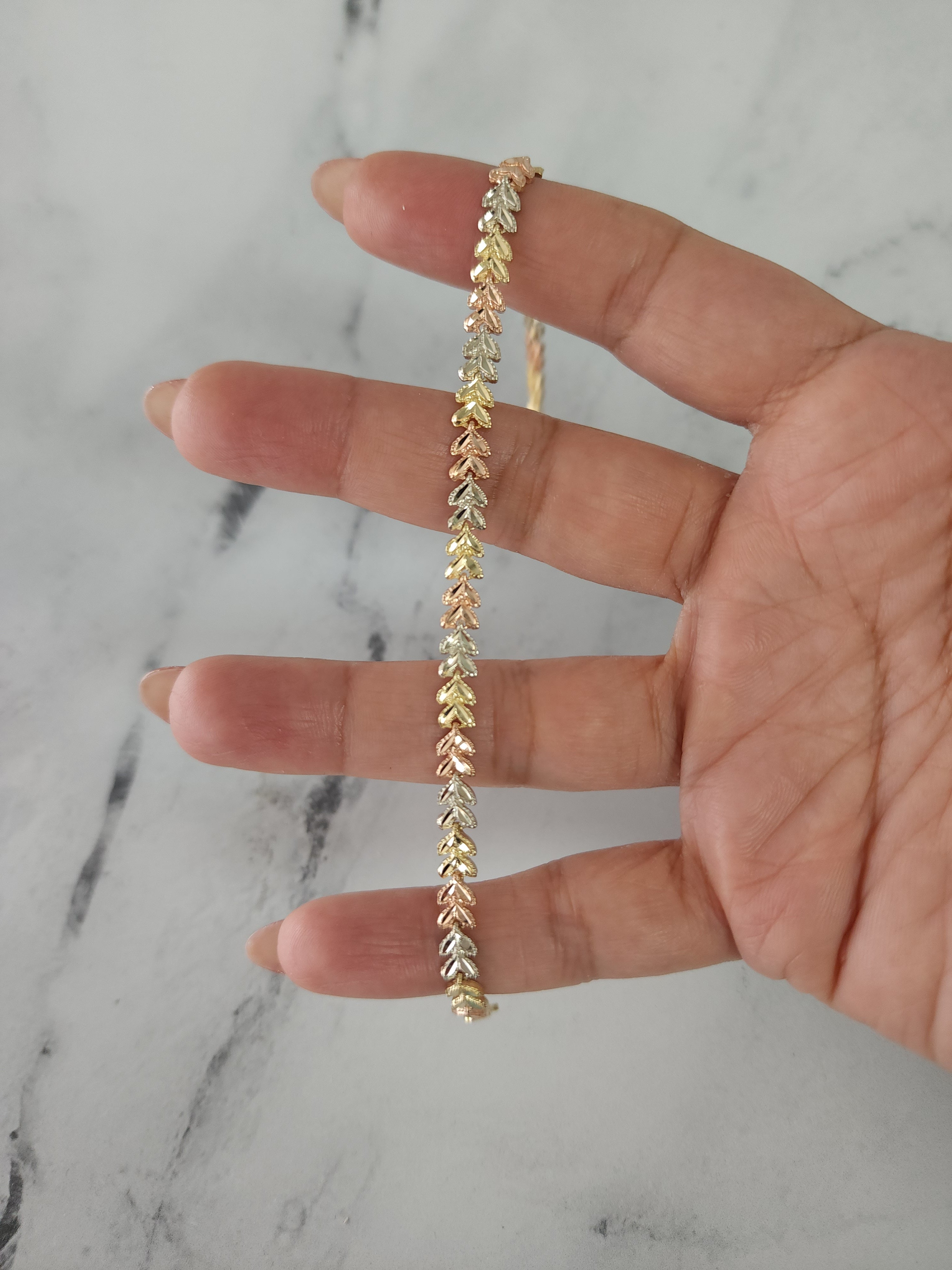 Yellow, White, & Rose Gold Leaf Design Bracelet with Diamond Cuts 14k Gold