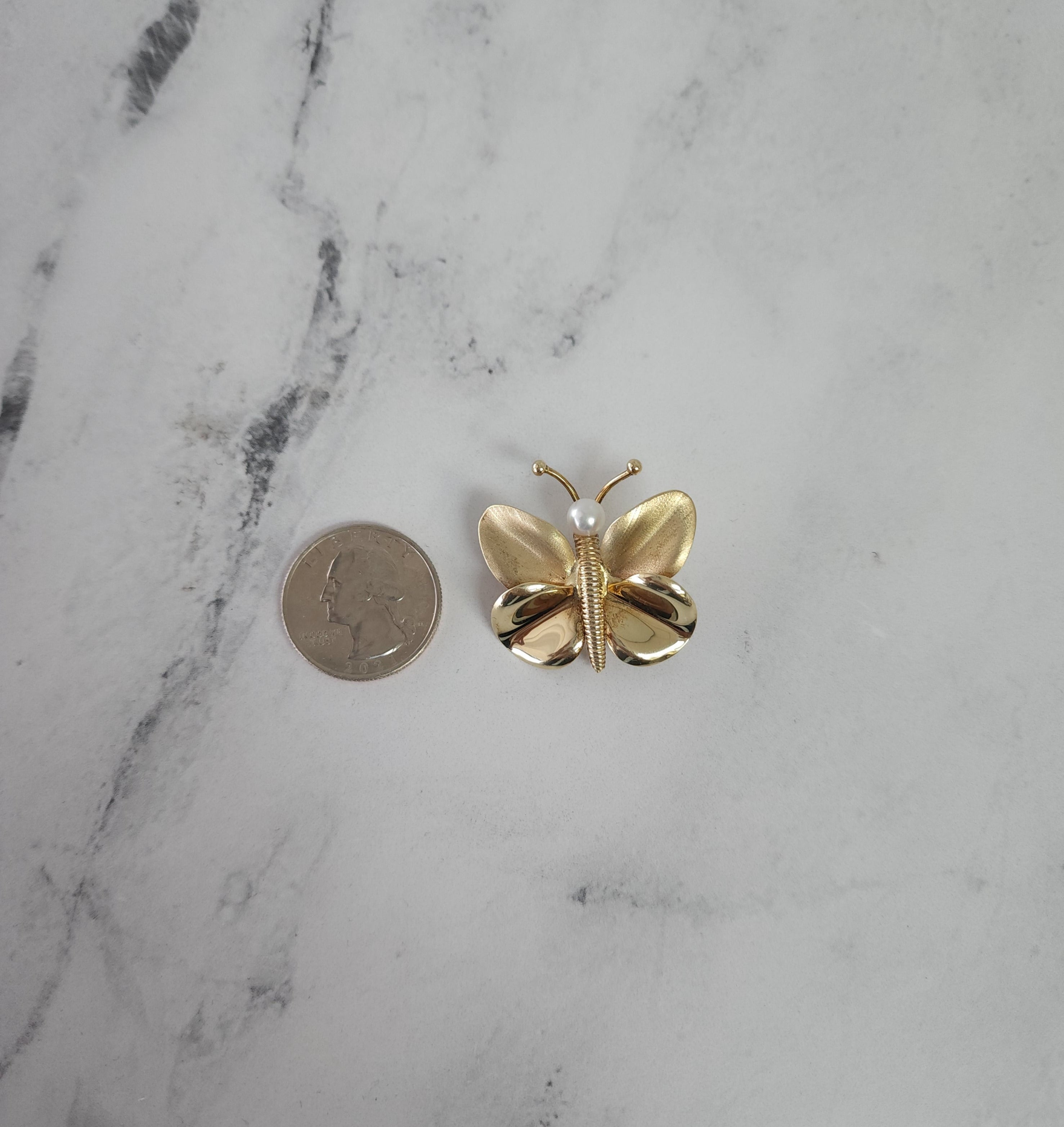 5MM Pearl Gold Butterfly Brooch 14k Yellow Gold