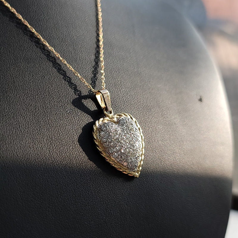 Diamond Encrusted Heart Pendant with Rope Outline 1.50cttw 14k Yellow Gold