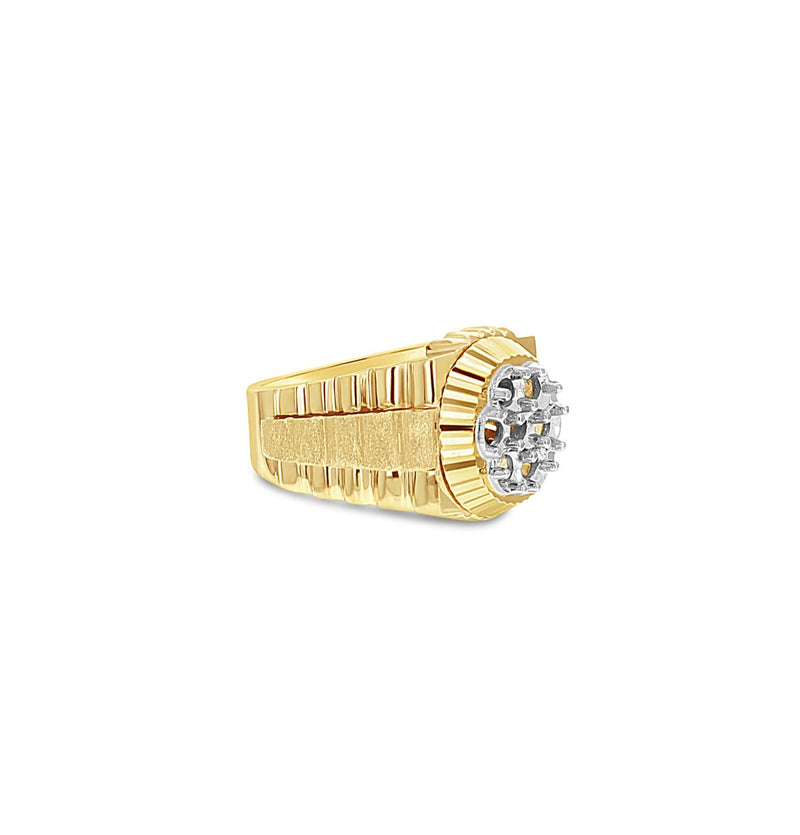 Presidential Rolex Style Cluster Ring Bark Center & Polished Sides 14k Yellow Gold