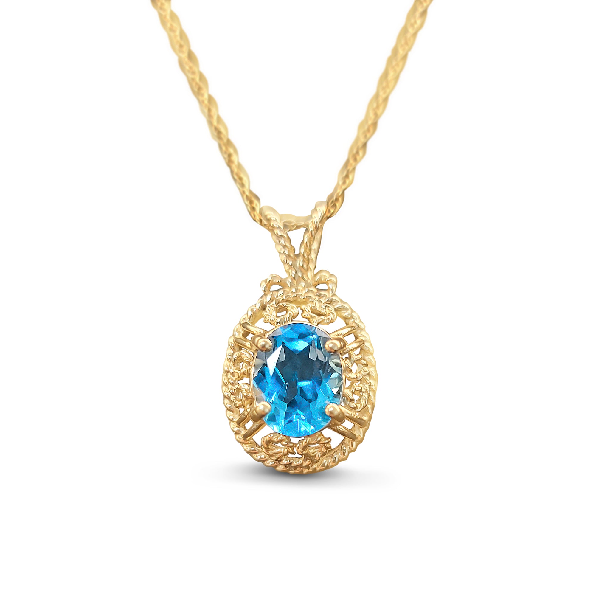 Blue Topaz with Rope Design Necklace 14k Yellow Gold