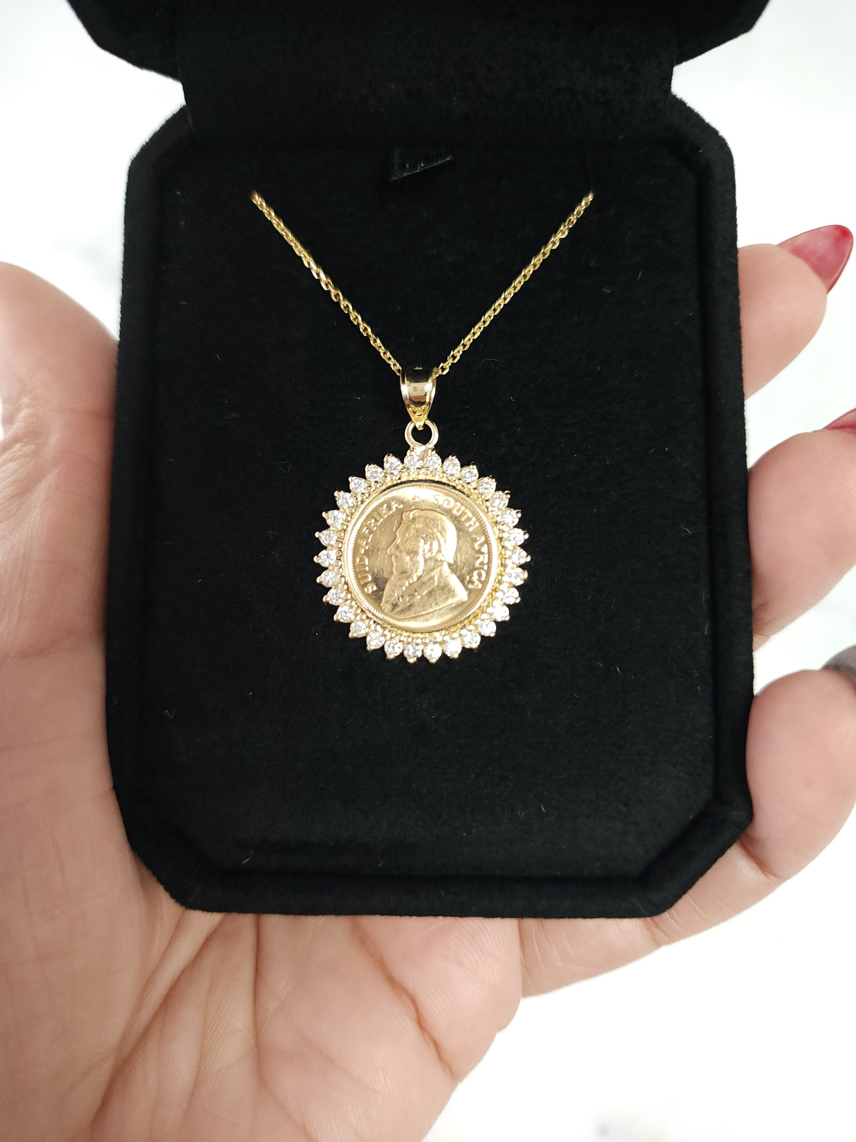 South African Krugerrand Coin Necklace with Diamond Halo .66cttw