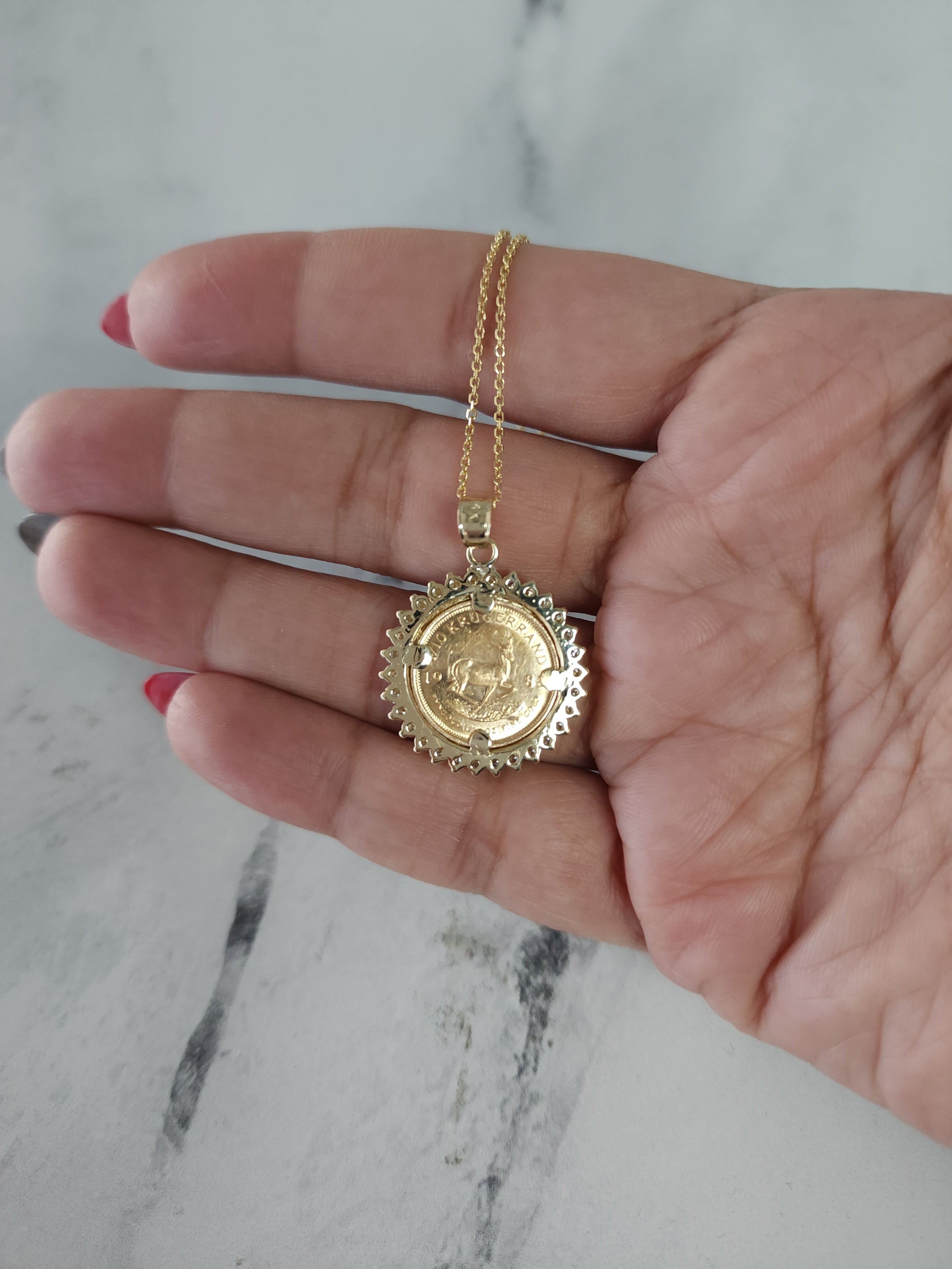 South African Krugerrand Coin Necklace with Diamond Halo .66cttw