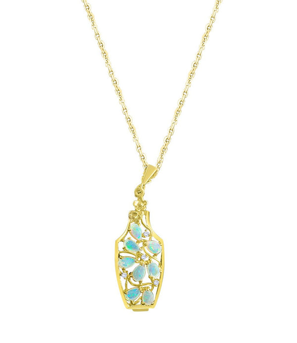 Vase Full of Pear Shaped Opals Necklace 14k Yellow Gold