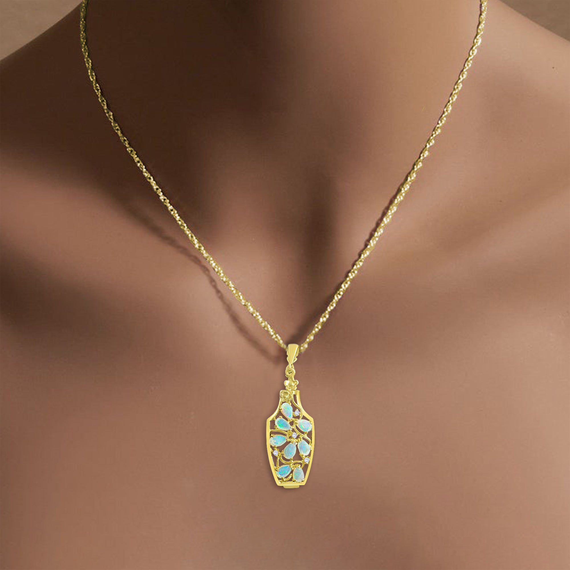 Vase Full of Pear Shaped Opals Necklace 14k Yellow Gold