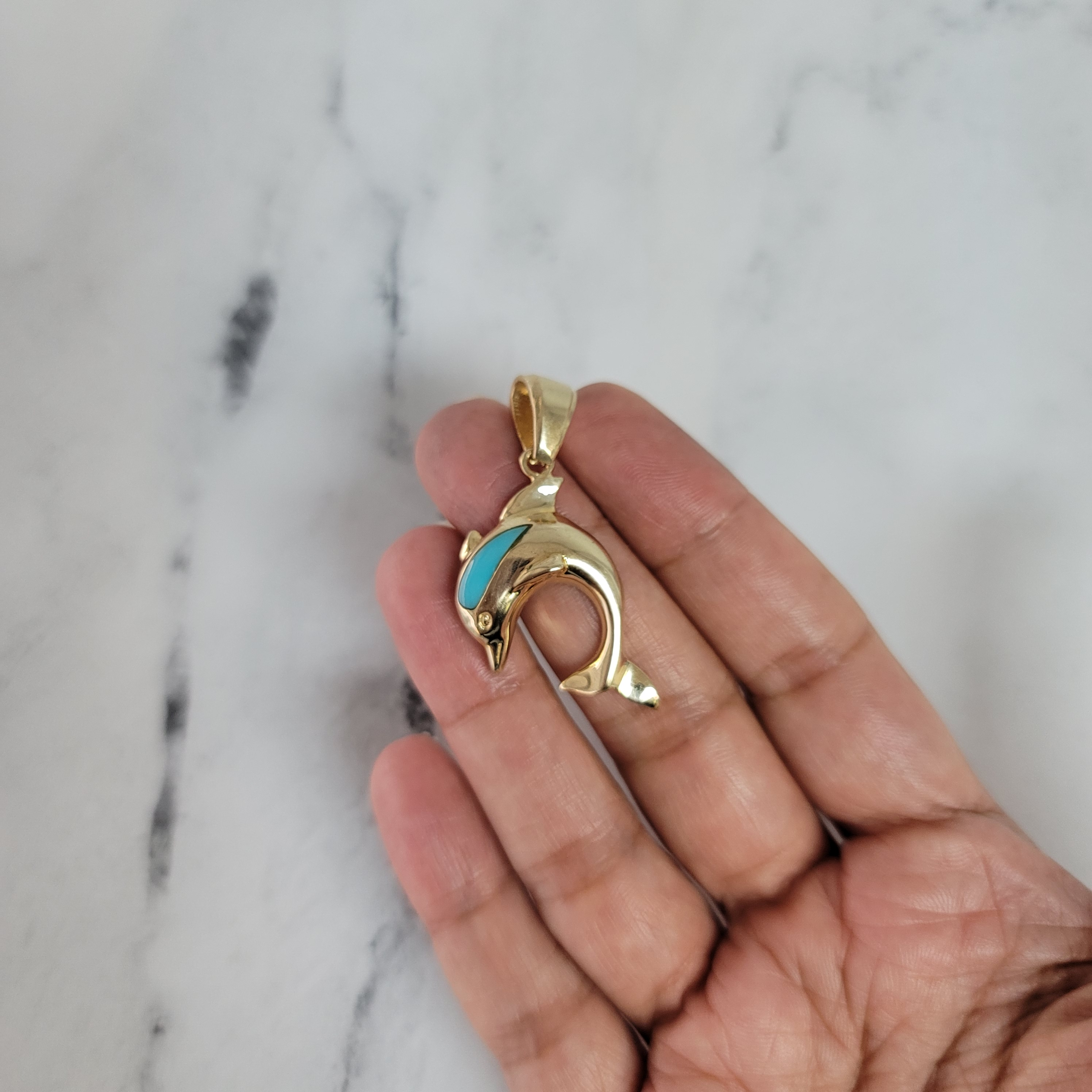 Polished Dolphin with Turquoise 14k Yellow Gold