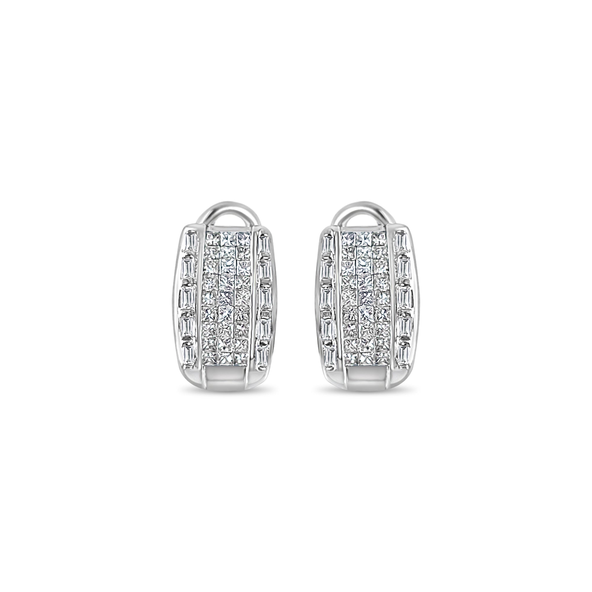 Princess & Baguette Diamond Clip-On Earrings 1.37cttw 14k White Gold