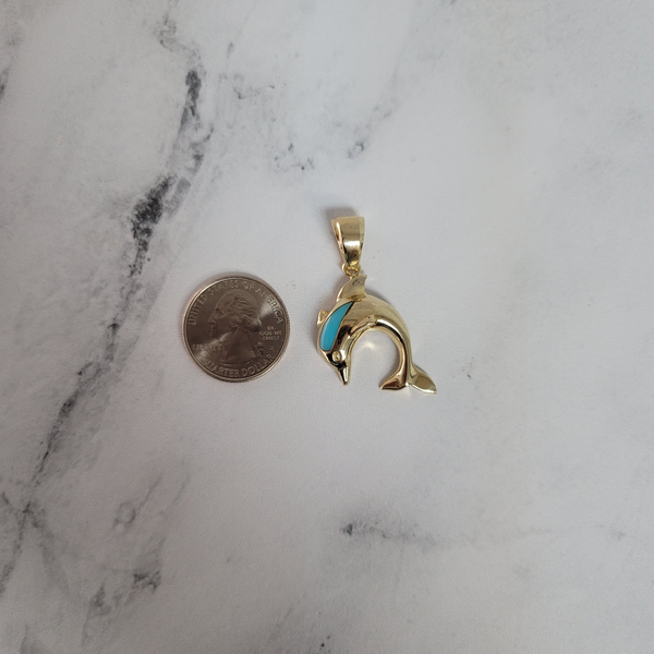 Polished Dolphin with Turquoise 14k Yellow Gold