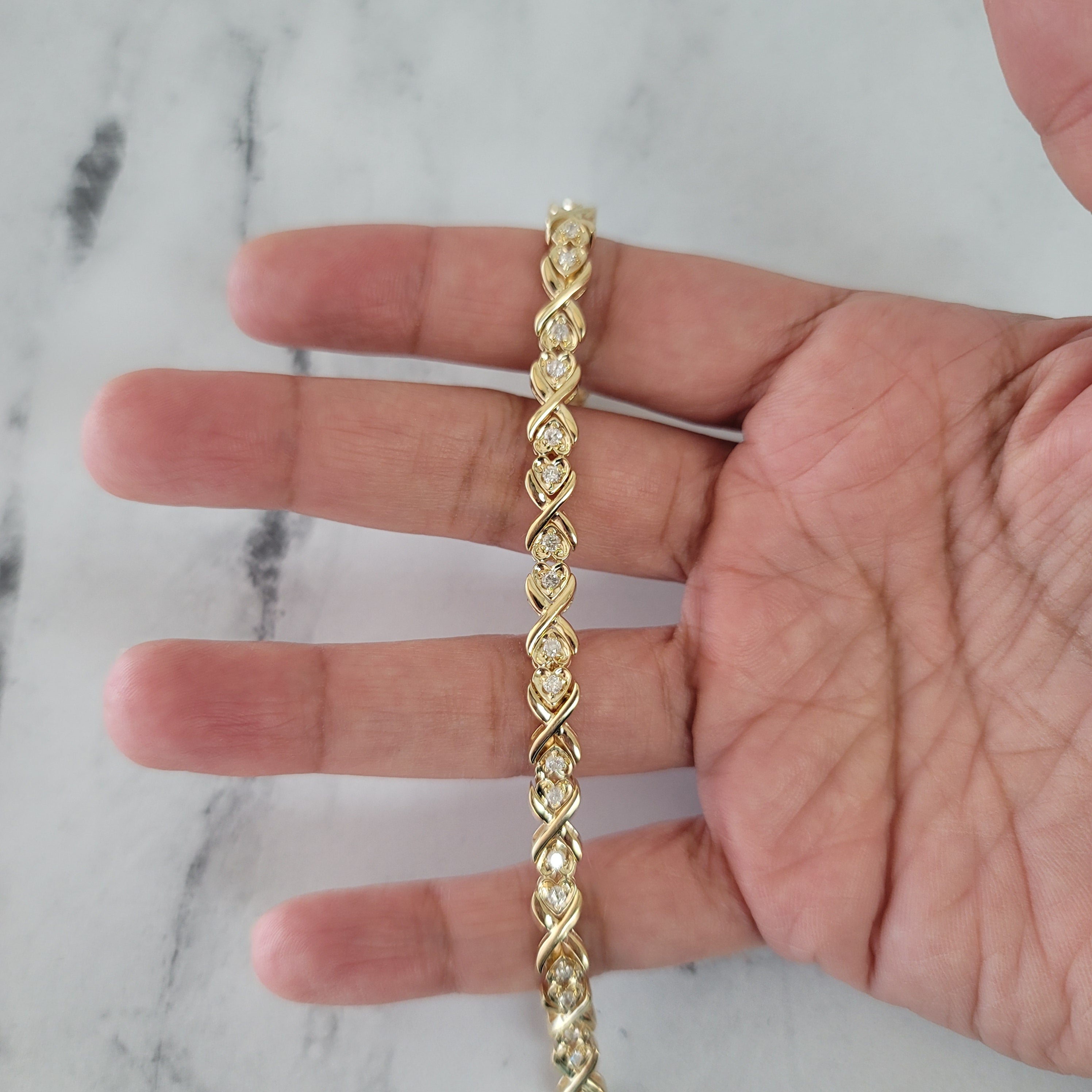 Double Heart Linked Diamond Tennis Bracelets 1.25cttw 14k Yellow Gold