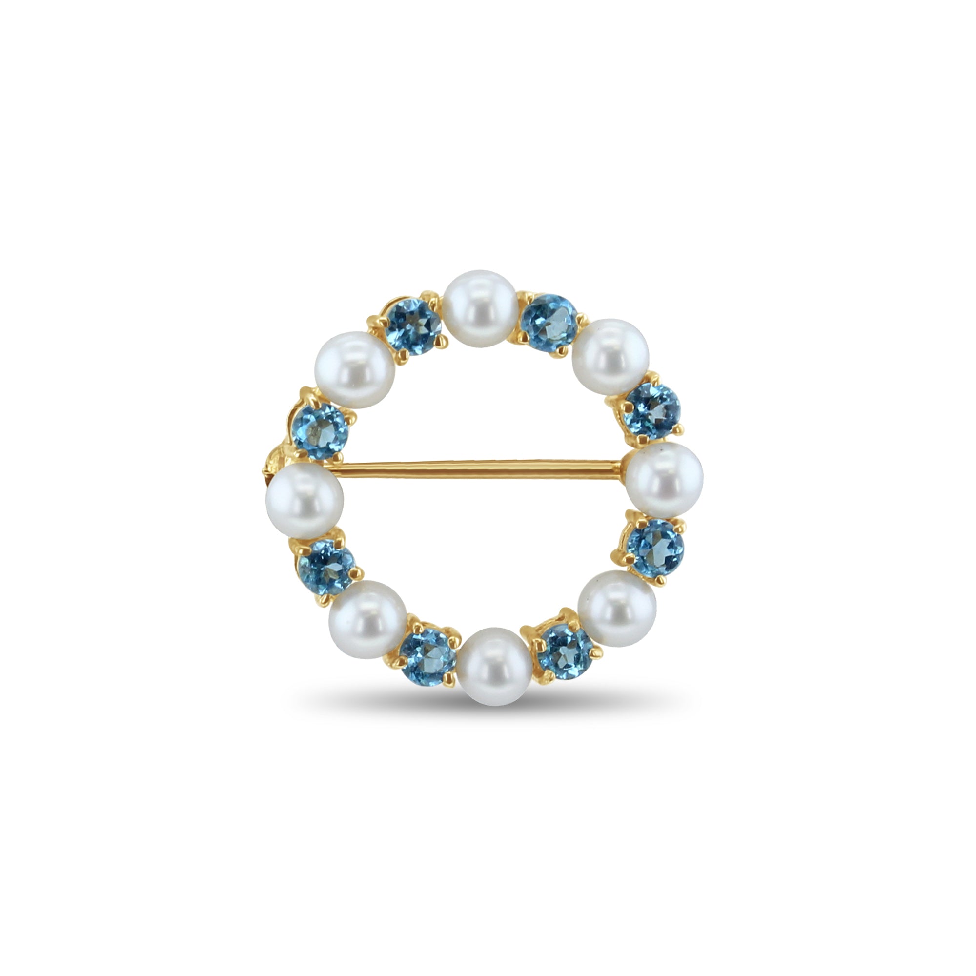 Broche en or jaune 14 carats avec topaze bleue et perle