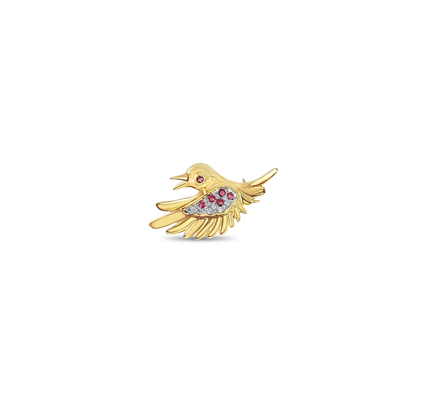 Ruby & Diamond Pave Hummingbird Brooch .25cttw 14k Yellow Gold