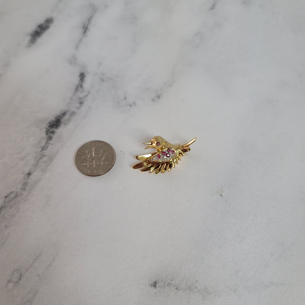 Ruby & Diamond Pave Hummingbird Brooch .25cttw 14k Yellow Gold