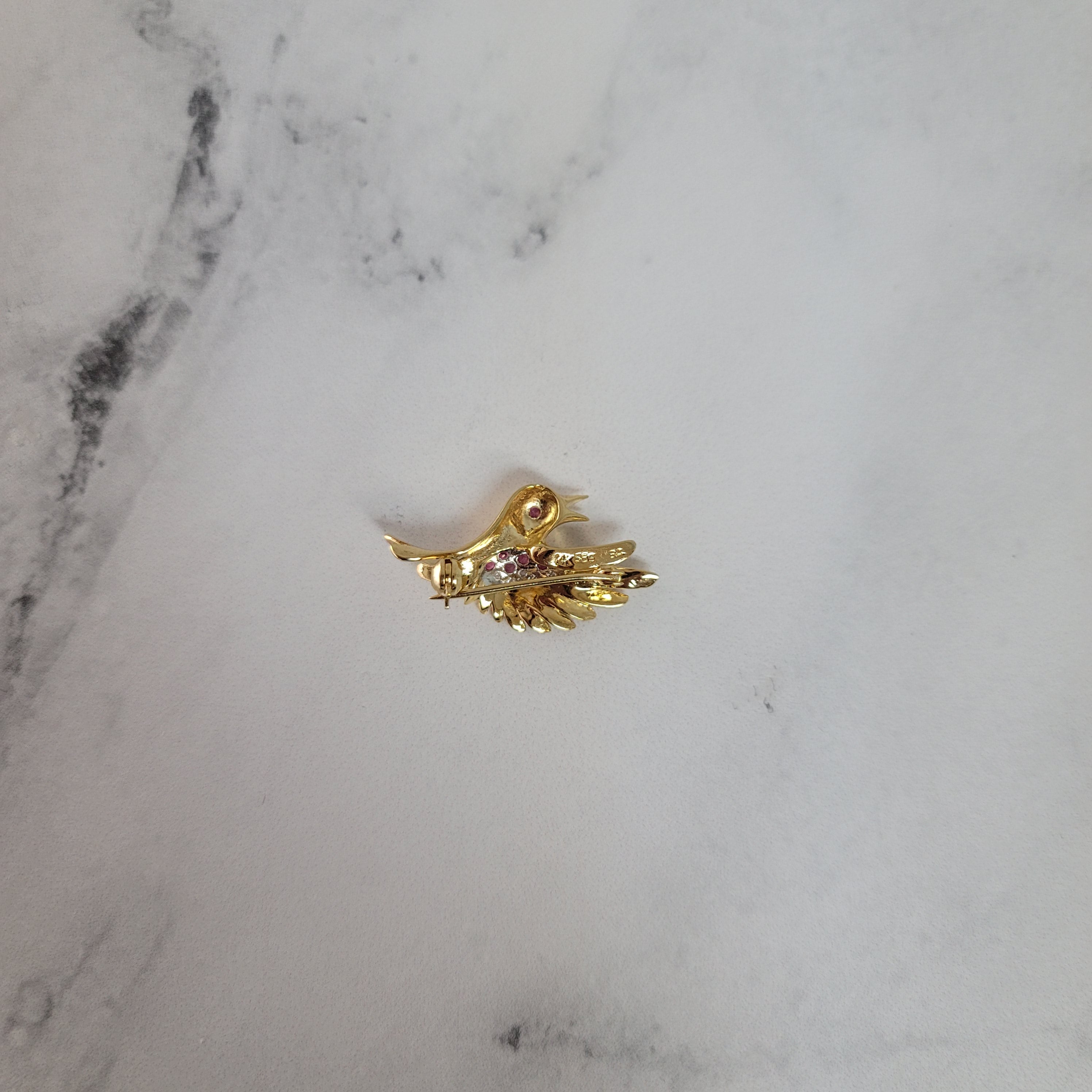 Ruby & Diamond Pave Hummingbird Brooch .25cttw 14k Yellow Gold