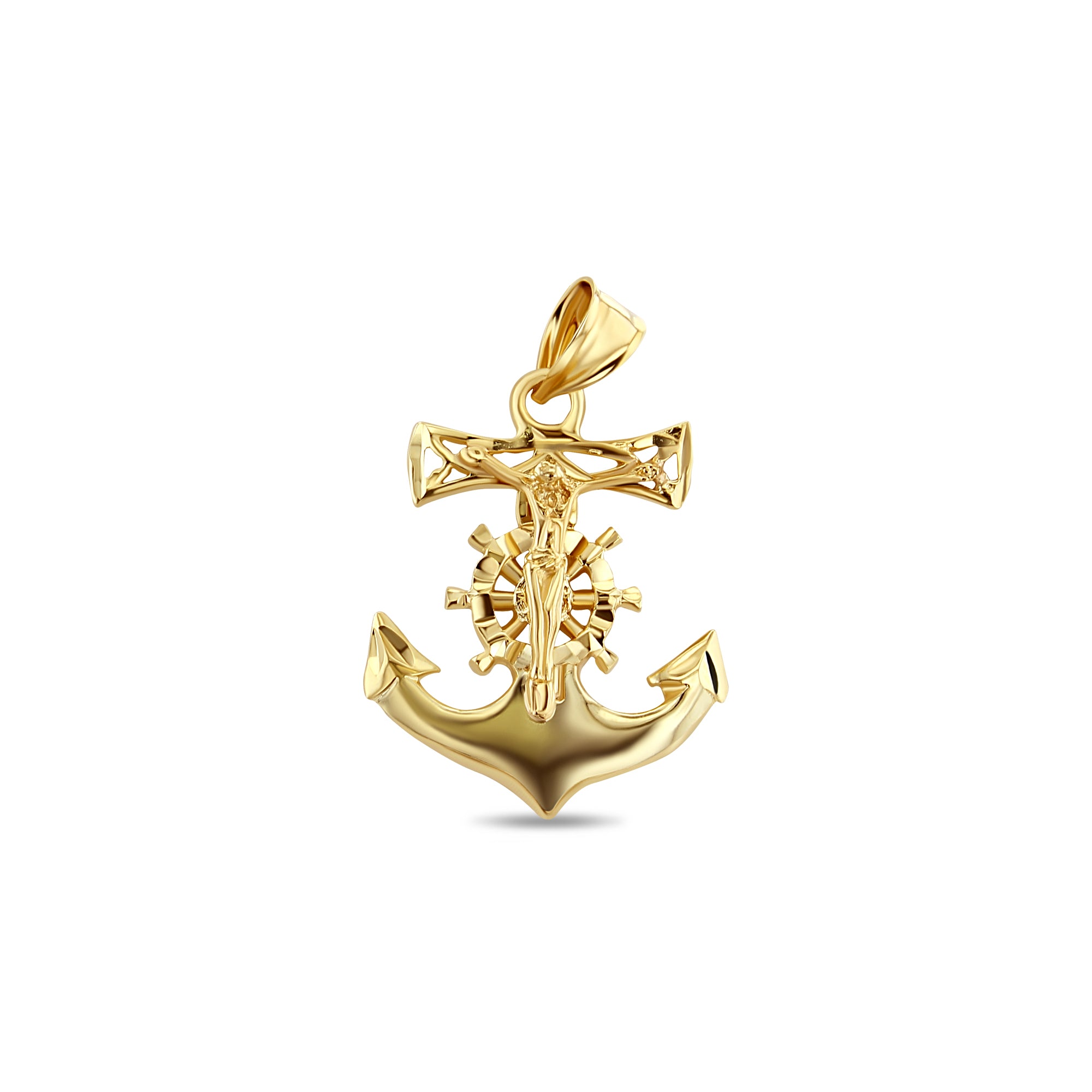 Nautical Style Crucifix Cross on Anchor with Diamond Cuts 14k Yellow Gold