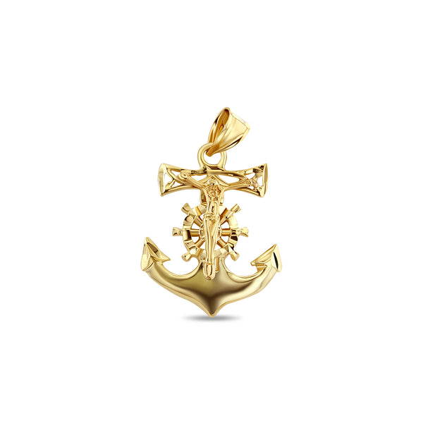 Nautical Style Crucifix Cross on Anchor with Diamond Cuts 14k Yellow Gold