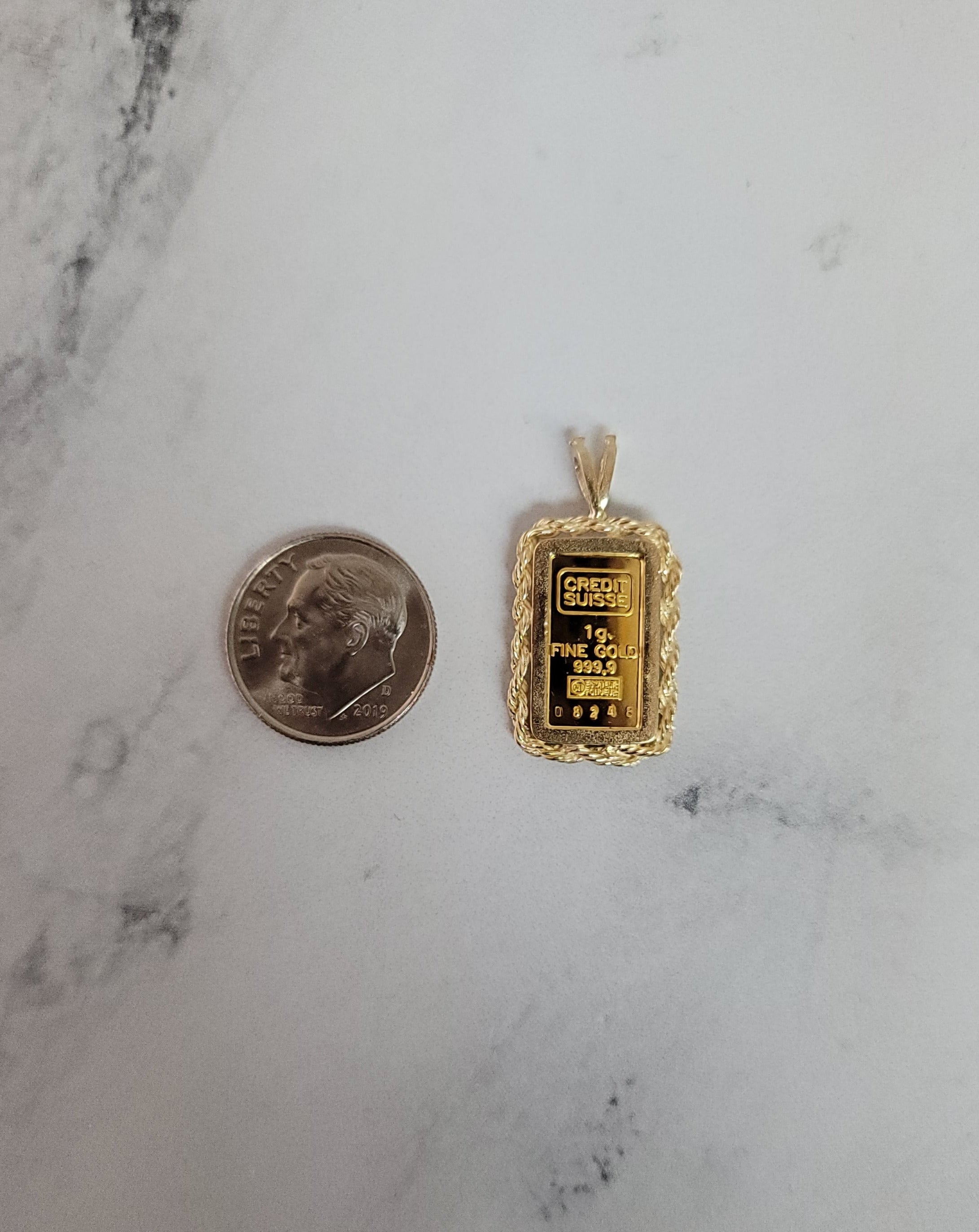 1 Gram Credit Suisse Gold Bar with Rope & Polished Frame Necklace