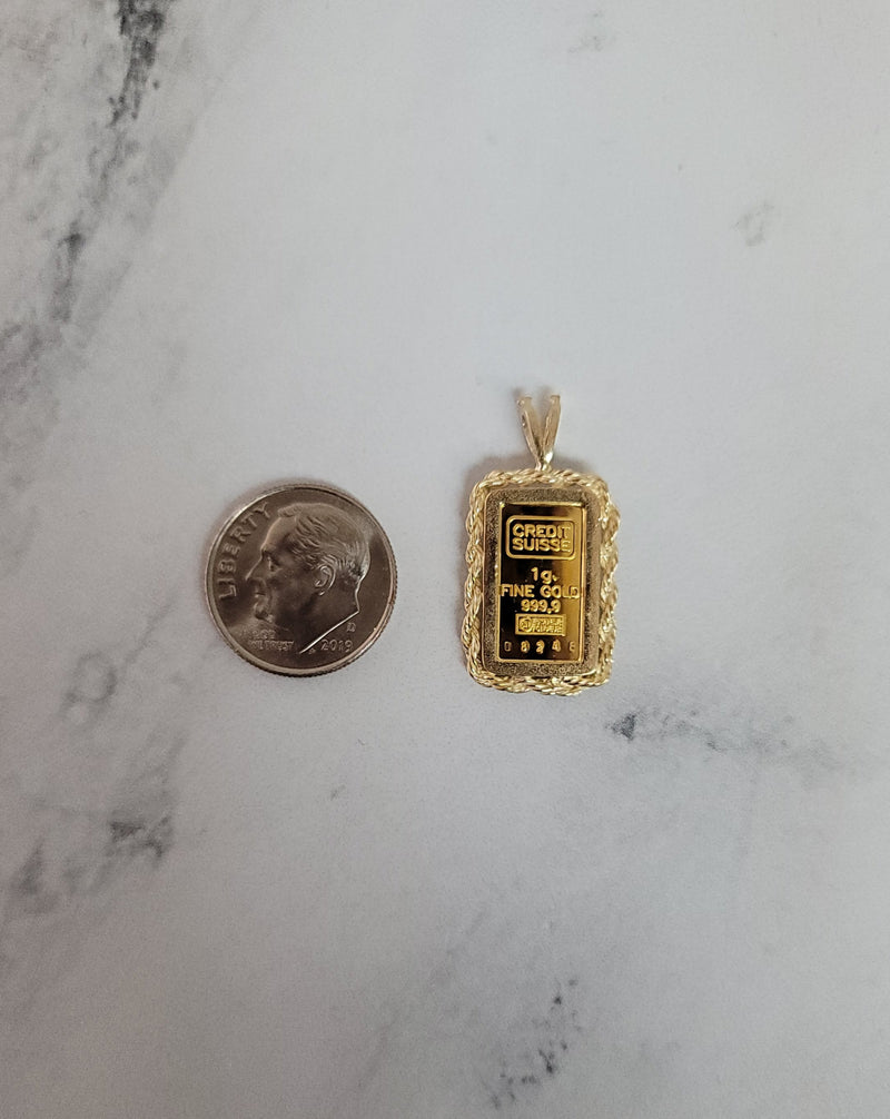 1 Gram Credit Suisse Gold Bar with Rope & Polished Frame Necklace