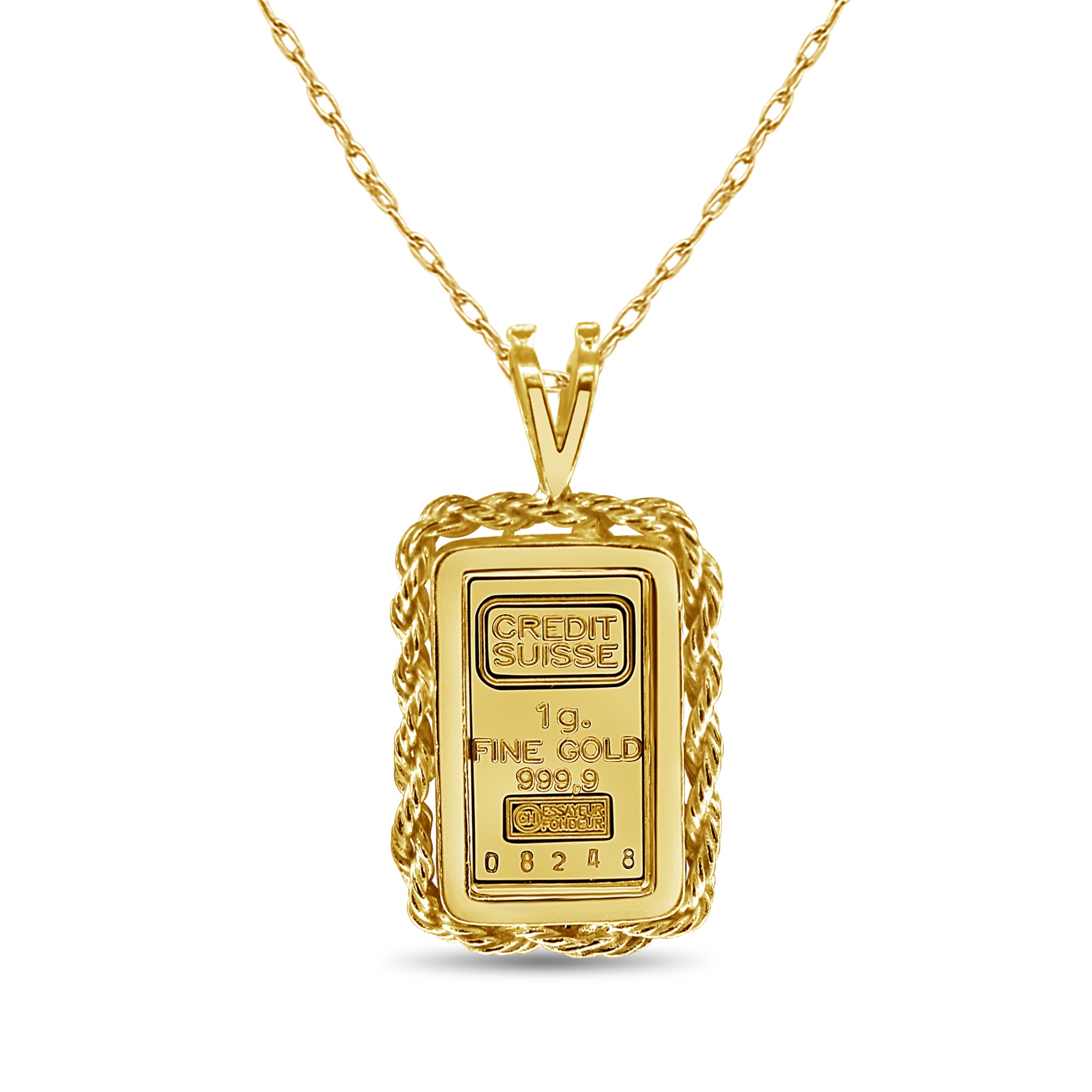 1 Gram Credit Suisse Gold Bar with Rope & Polished Frame Necklace