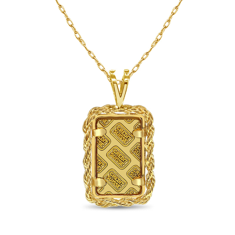 1 Gram Credit Suisse Gold Bar with Rope & Polished Frame Necklace