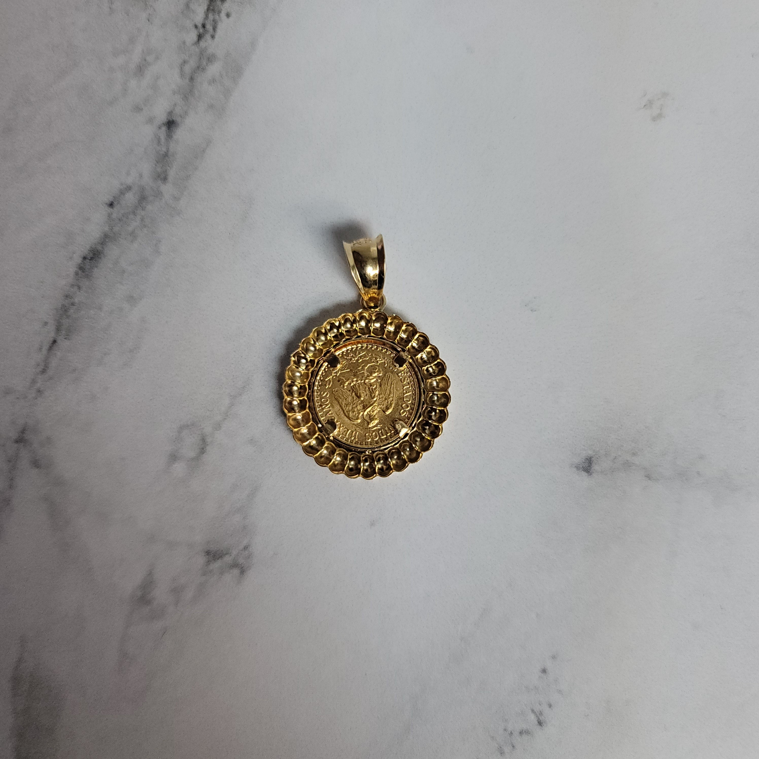 1945 Dos Pesos Gold Necklace Shrimp 14k Yellow Gold Bezel