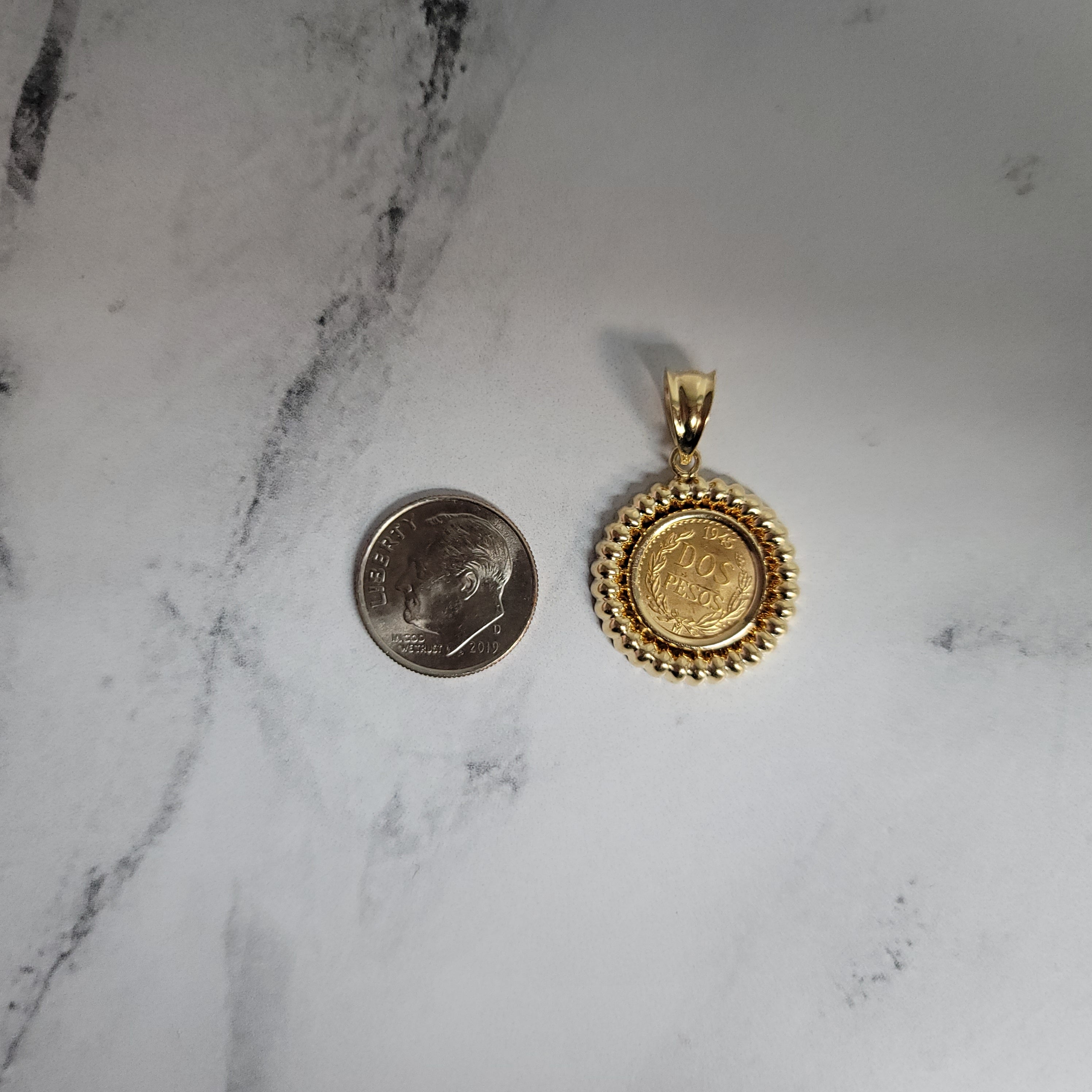 1945 Dos Pesos Gold Necklace Shrimp 14k Yellow Gold Bezel