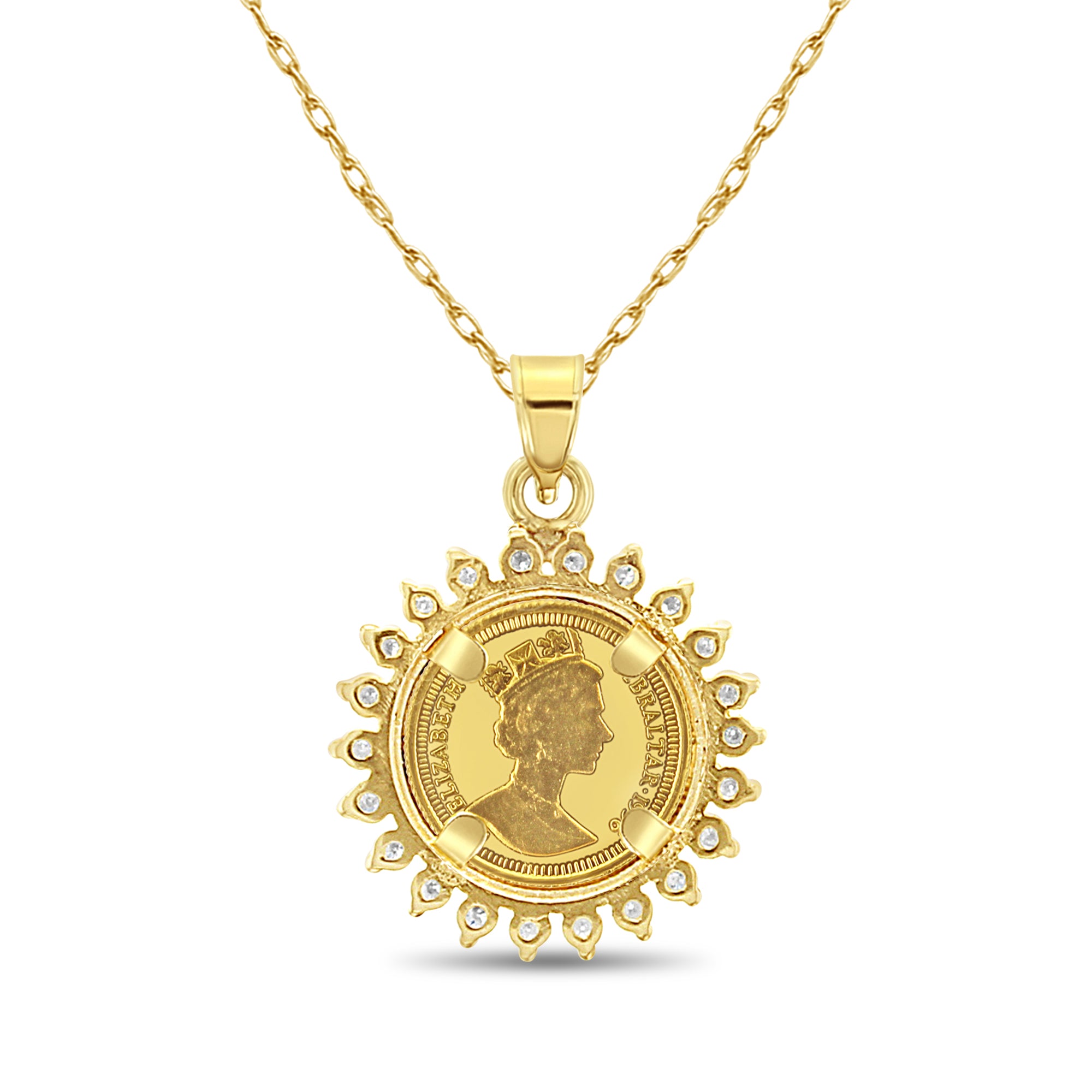 Collier en or avec pièce de monnaie de Gibraltar et halo de diamants