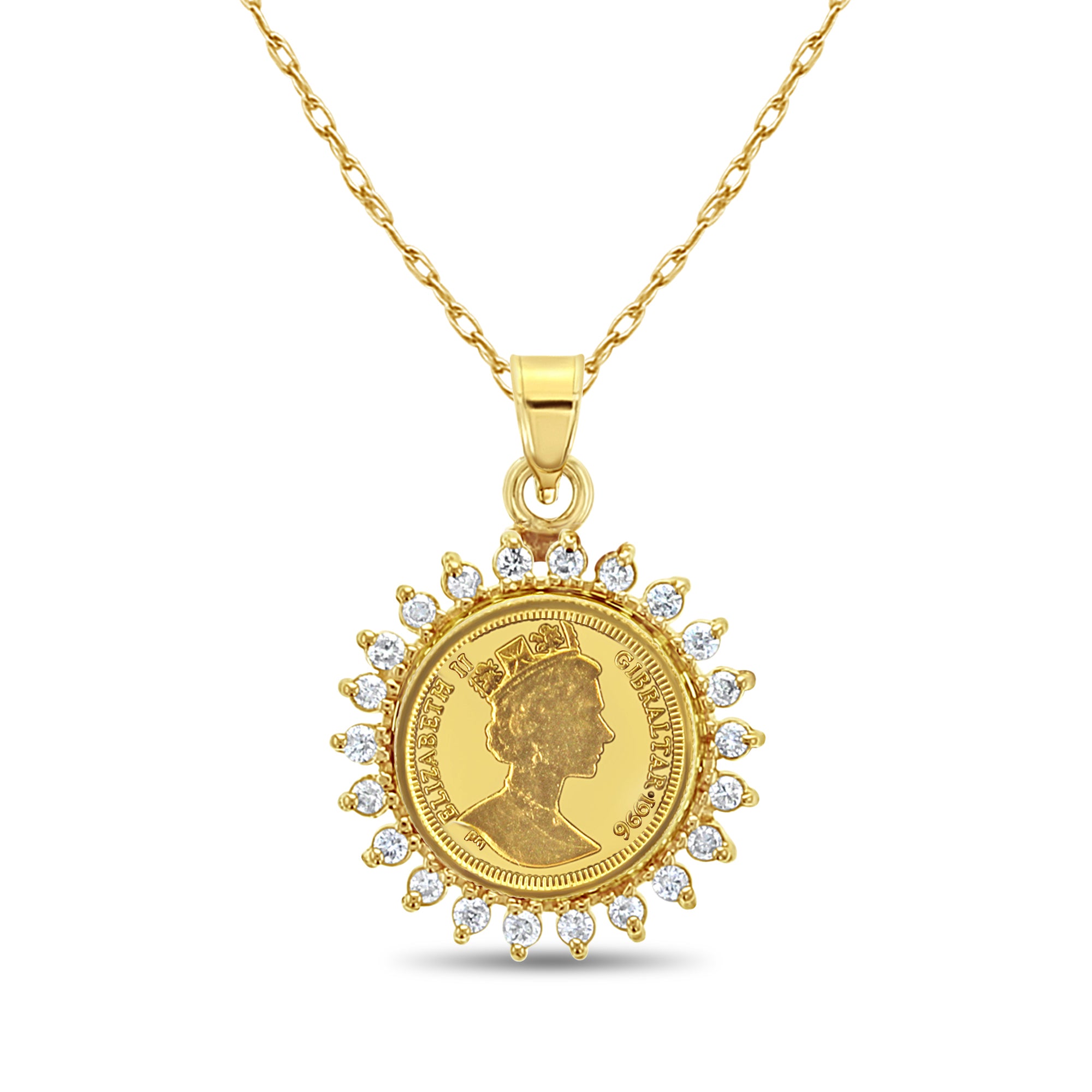 Collier avec pièce d'or de la reine Elizabeth de Gibraltar et halo de diamants