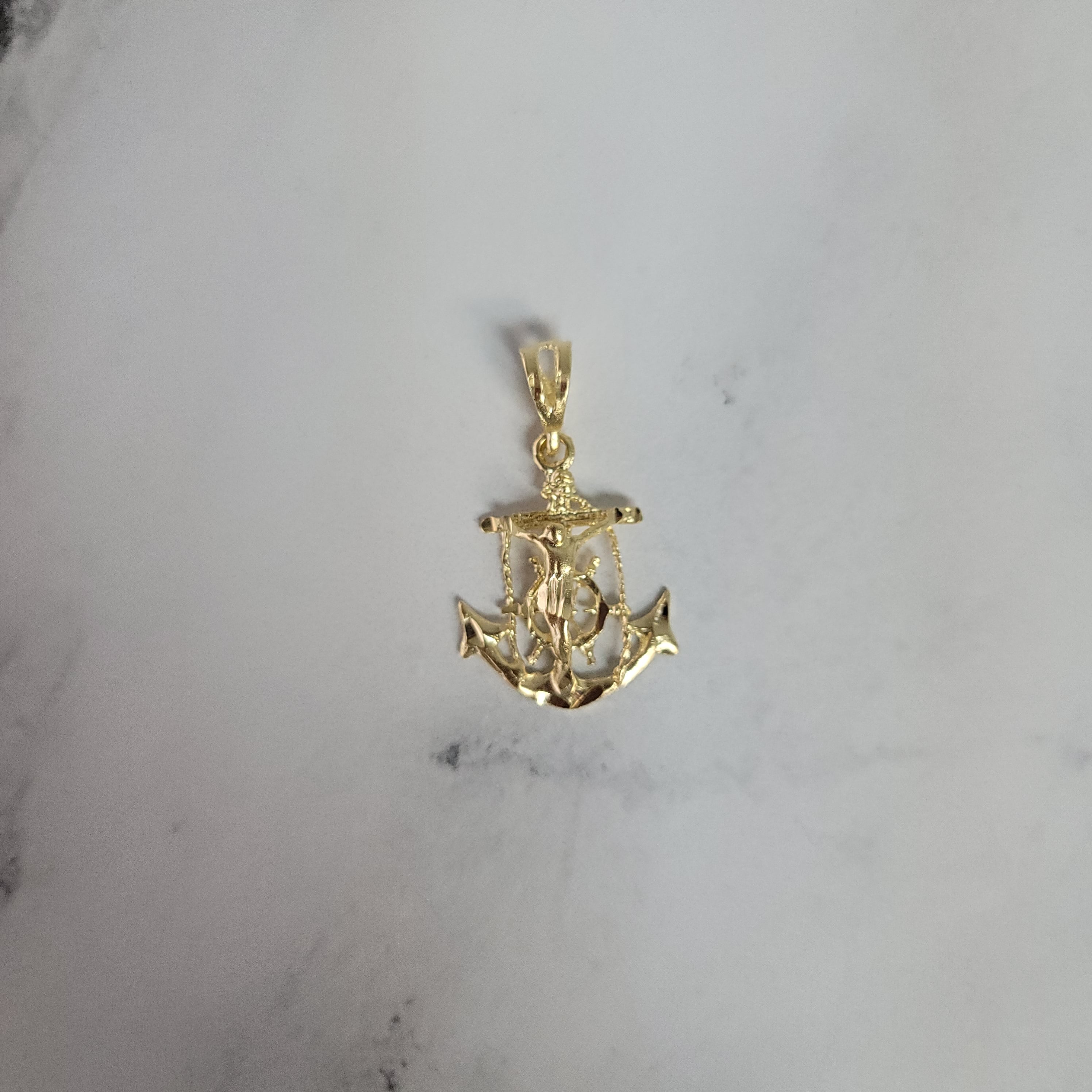 Crucifix Cross on Anchor with Diamond Cuts 14k Yellow Gold