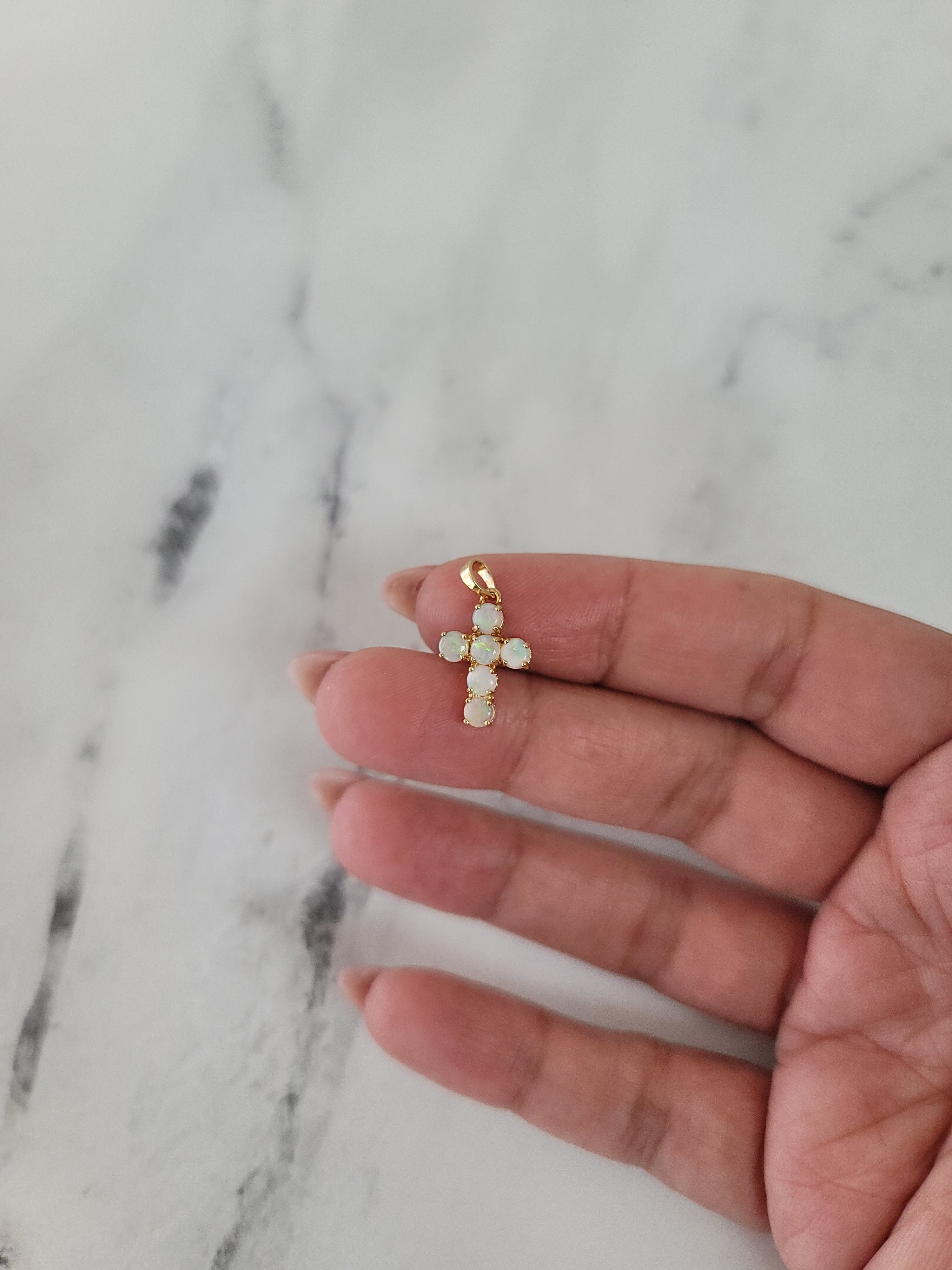 Small Dainty Round Opal Cross Necklace