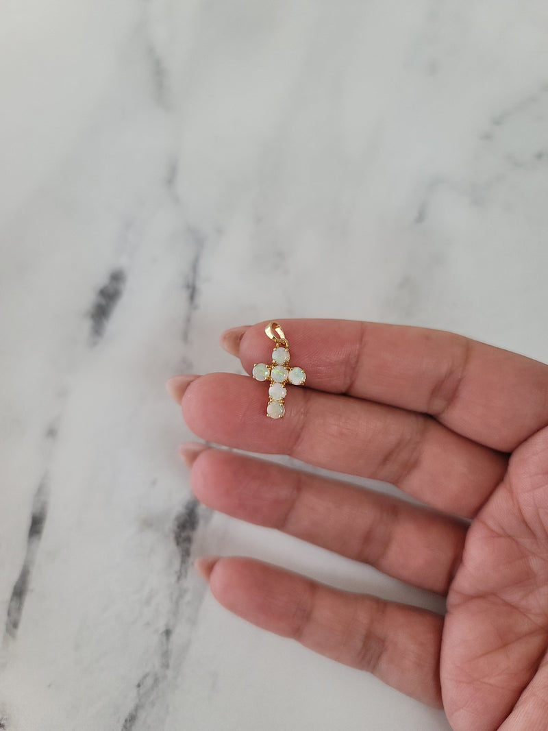 Small Dainty Round Opal Cross Necklace