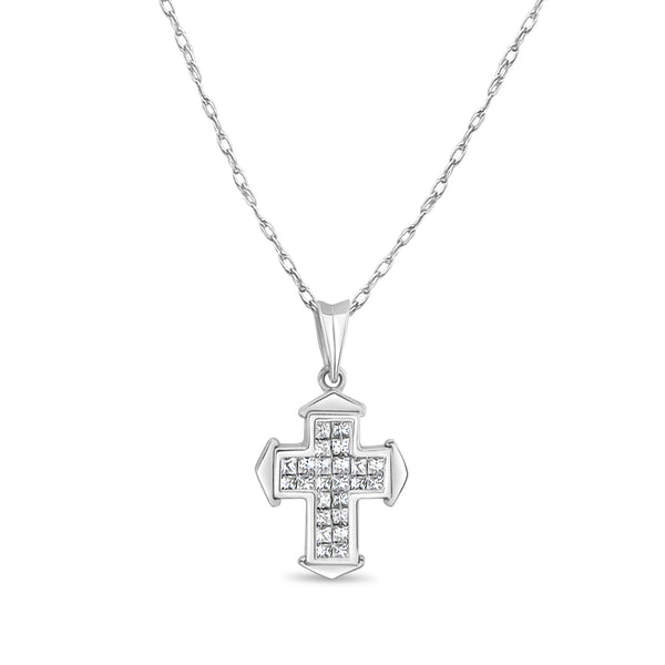 Four Pointed Arrow Princess Cut Diamond Cross Necklace