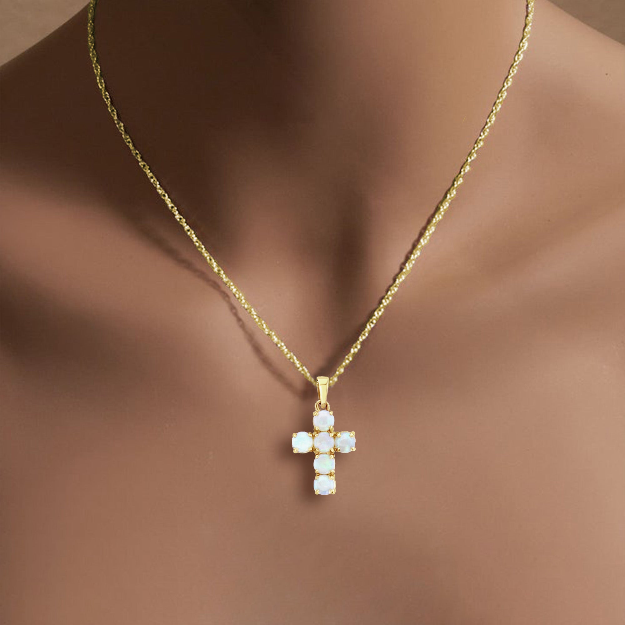 Small Dainty Round Opal Cross Necklace