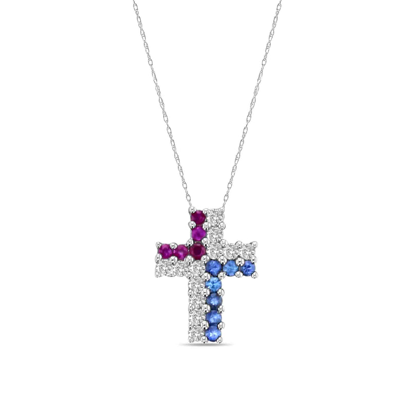 Collier croix en or blanc 14 carats avec diamants, rubis et saphirs