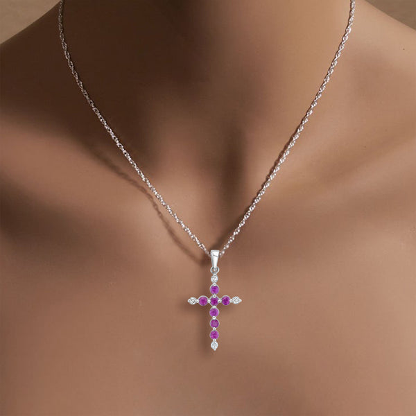 Ruby Diamond Cross Necklace 14k White Gold