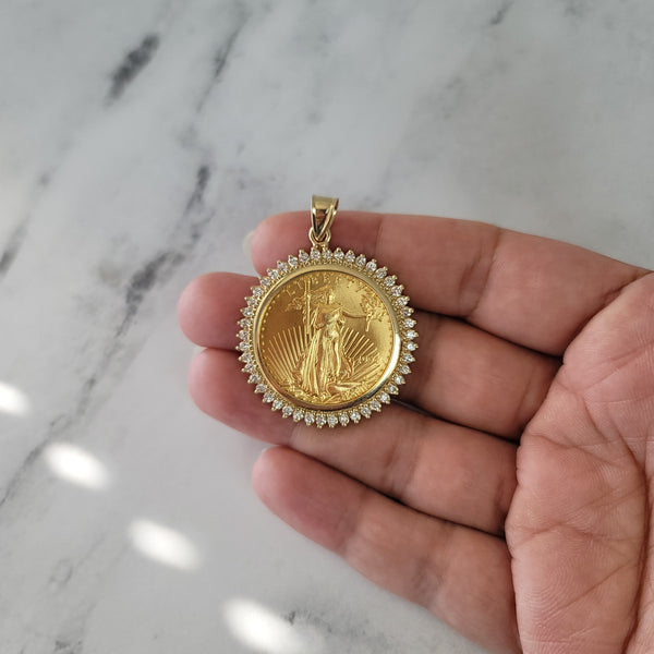 $25 US Lady liberty gold coin with diamond halo