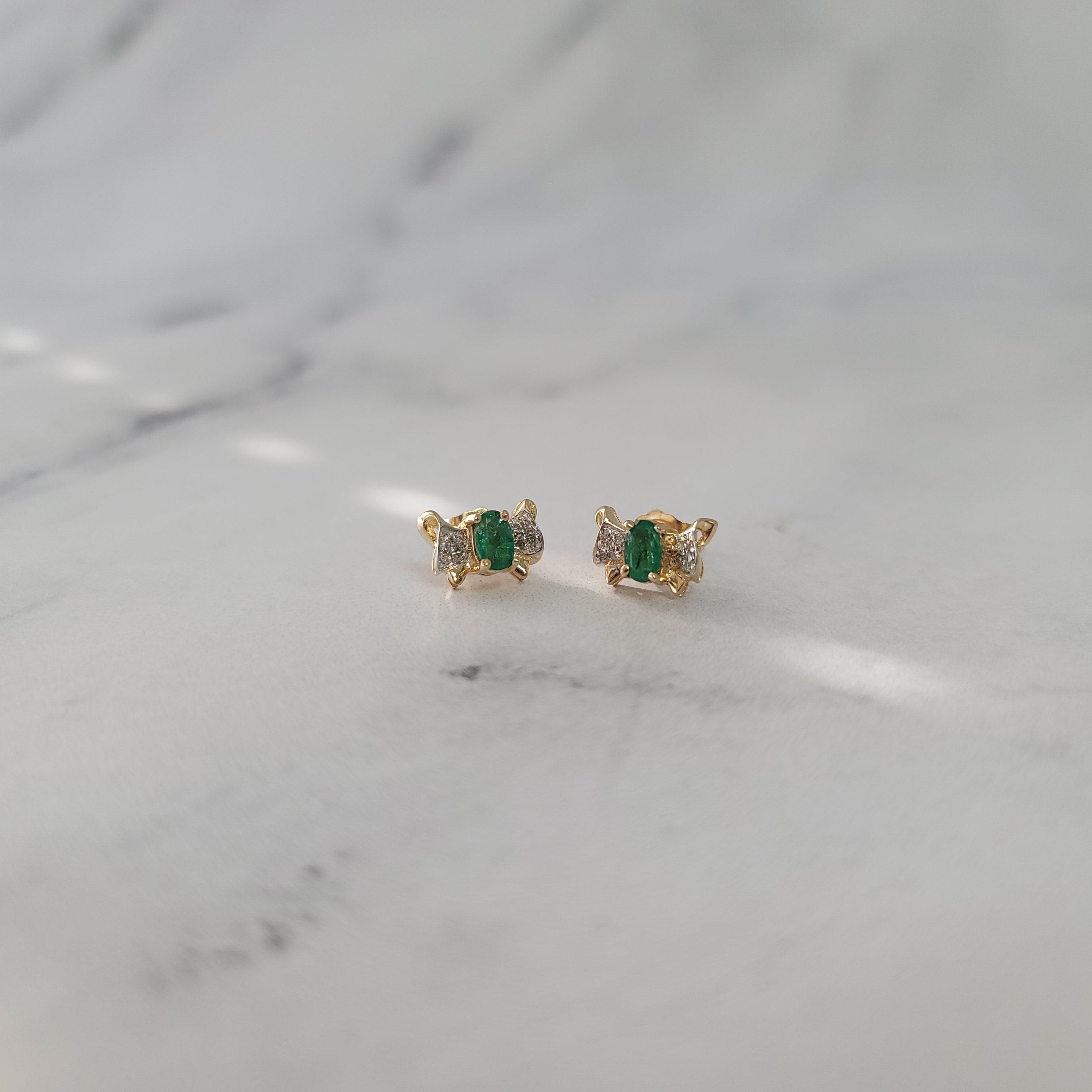 Bowtie Emerald & Diamond Earrings .50cttw 14k Yellow Gold