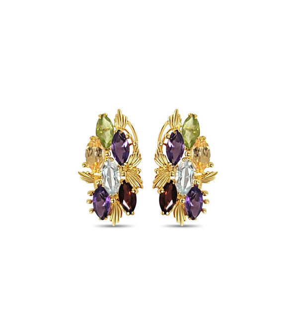 Blue Topaz, Citrine, Amethyst, Garnet, Peridot Colorful Multi-stone Clip on Earrings 5.00cttw 14k Yellow Gold