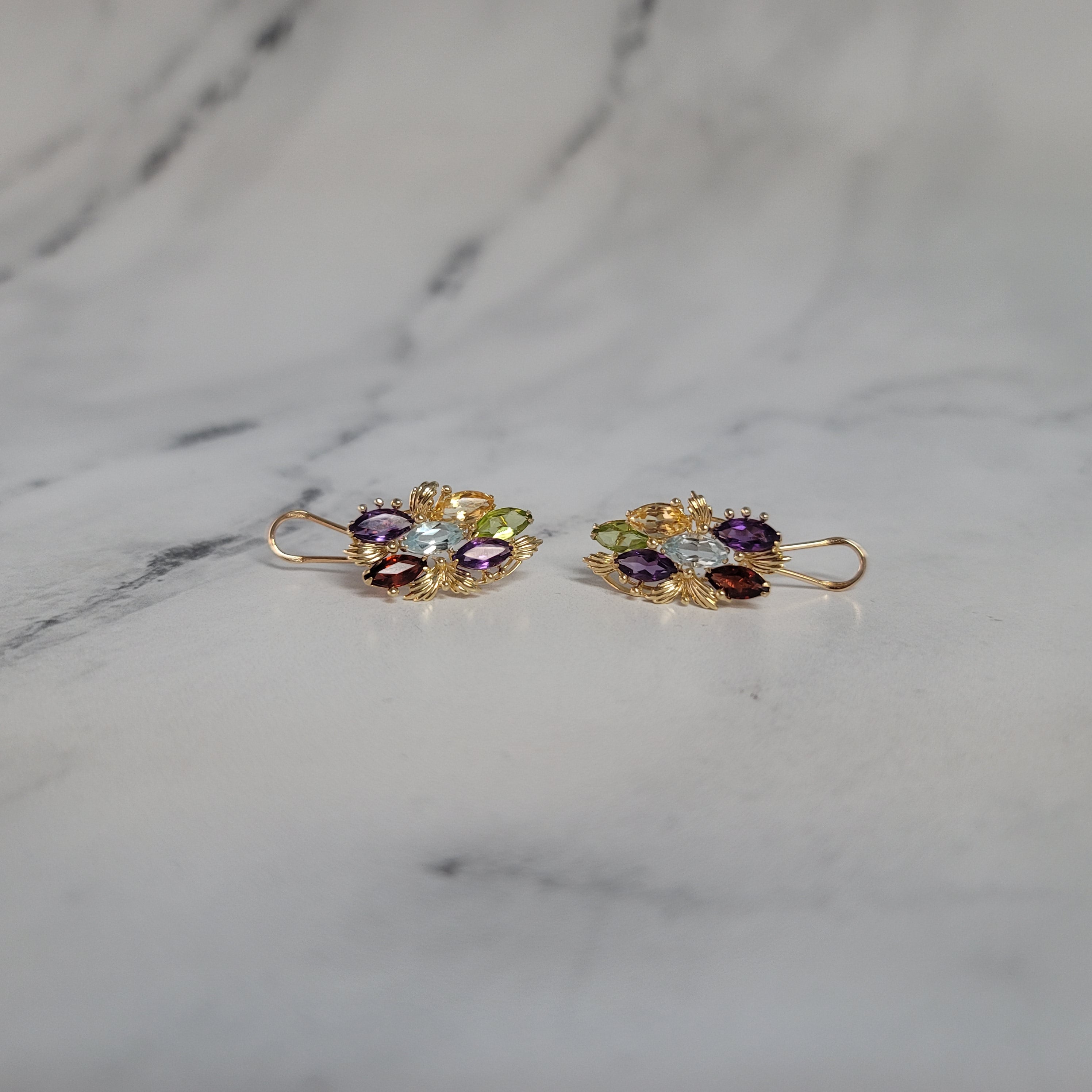 Blue Topaz, Citrine, Amethyst, Garnet, Peridot Colorful Multi-stone Clip on Earrings 5.00cttw 14k Yellow Gold