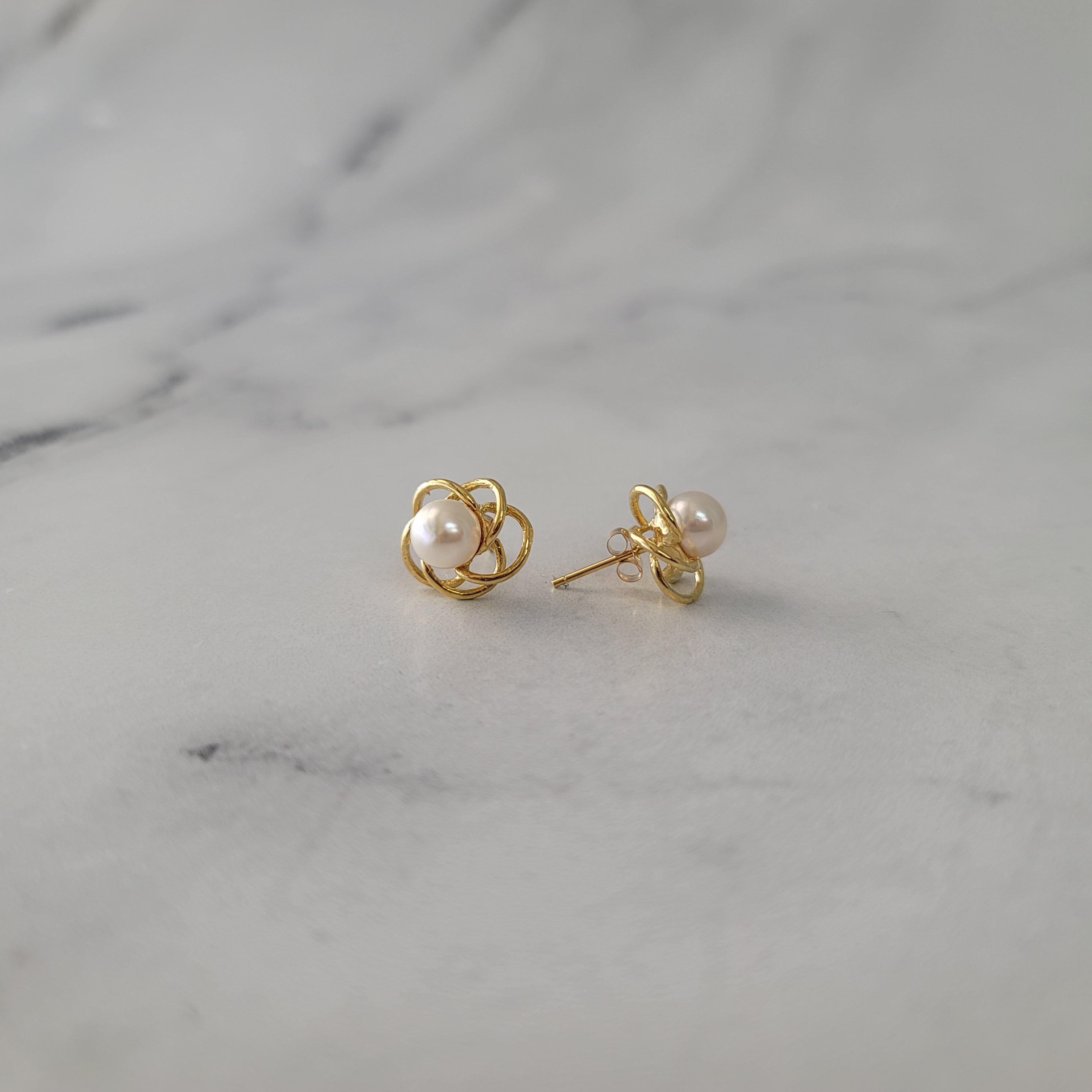 7MM Pearl Studs with Gold Round Design 14k Yellow Gold