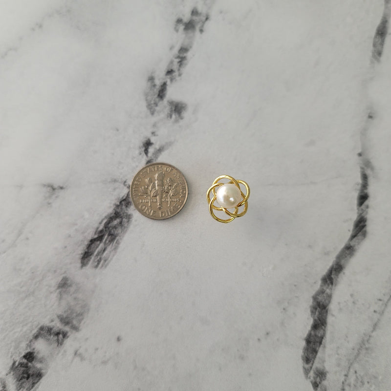 7MM Pearl Studs with Gold Round Design 14k Yellow Gold