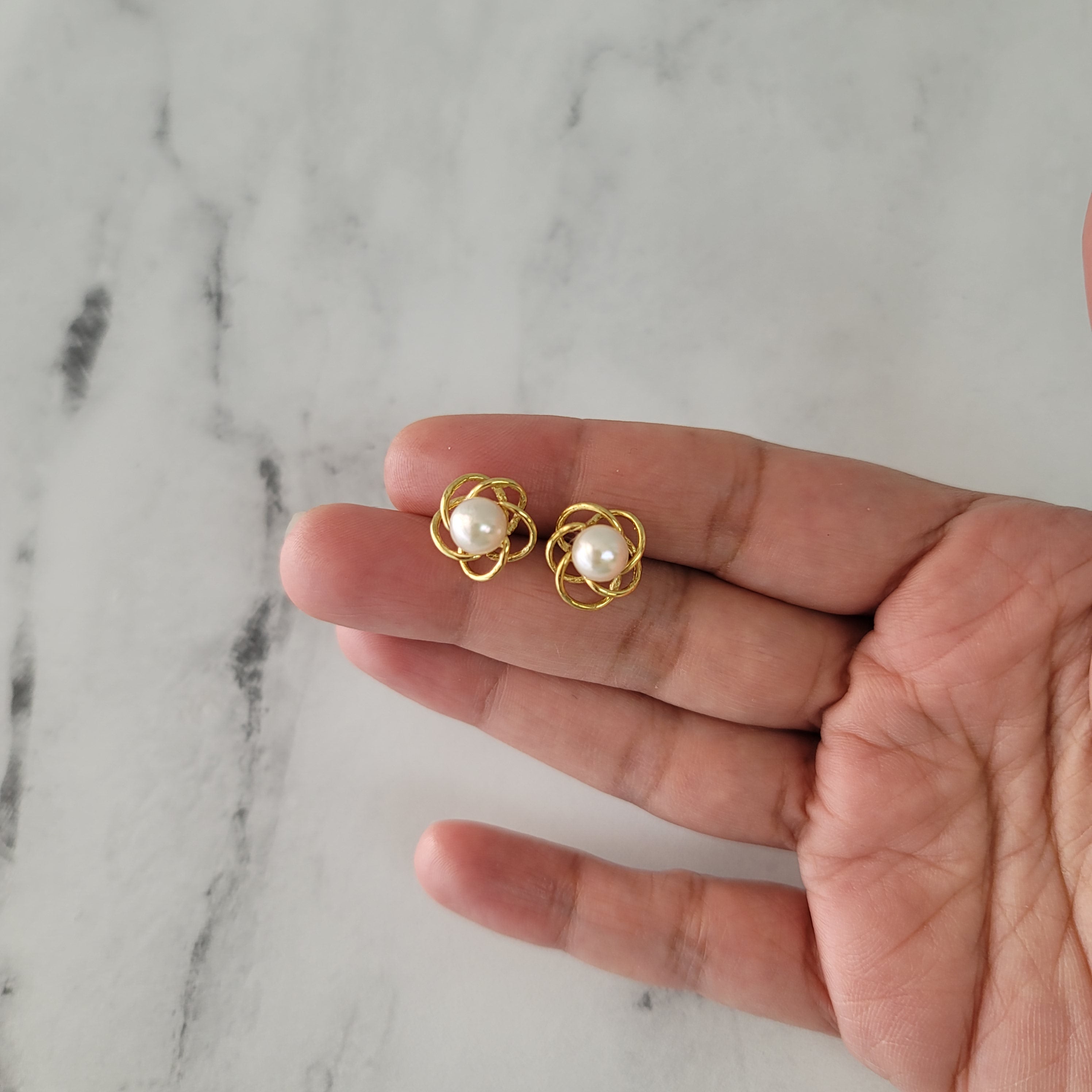 7MM Pearl Studs with Gold Round Design 14k Yellow Gold