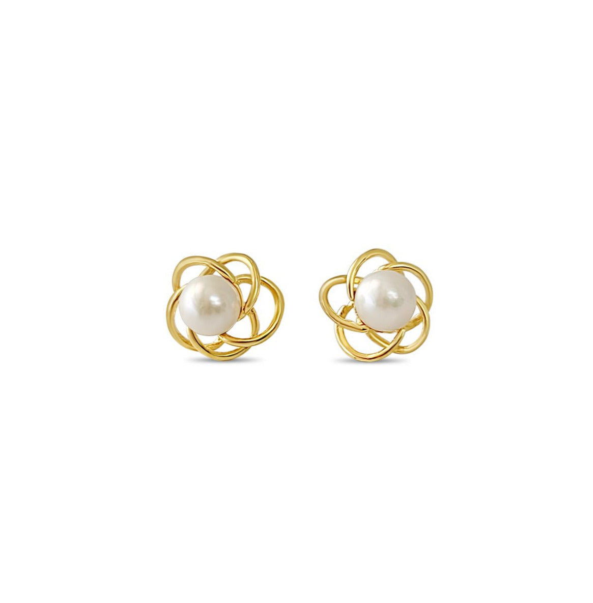 7MM Pearl Studs with Gold Round Design 14k Yellow Gold