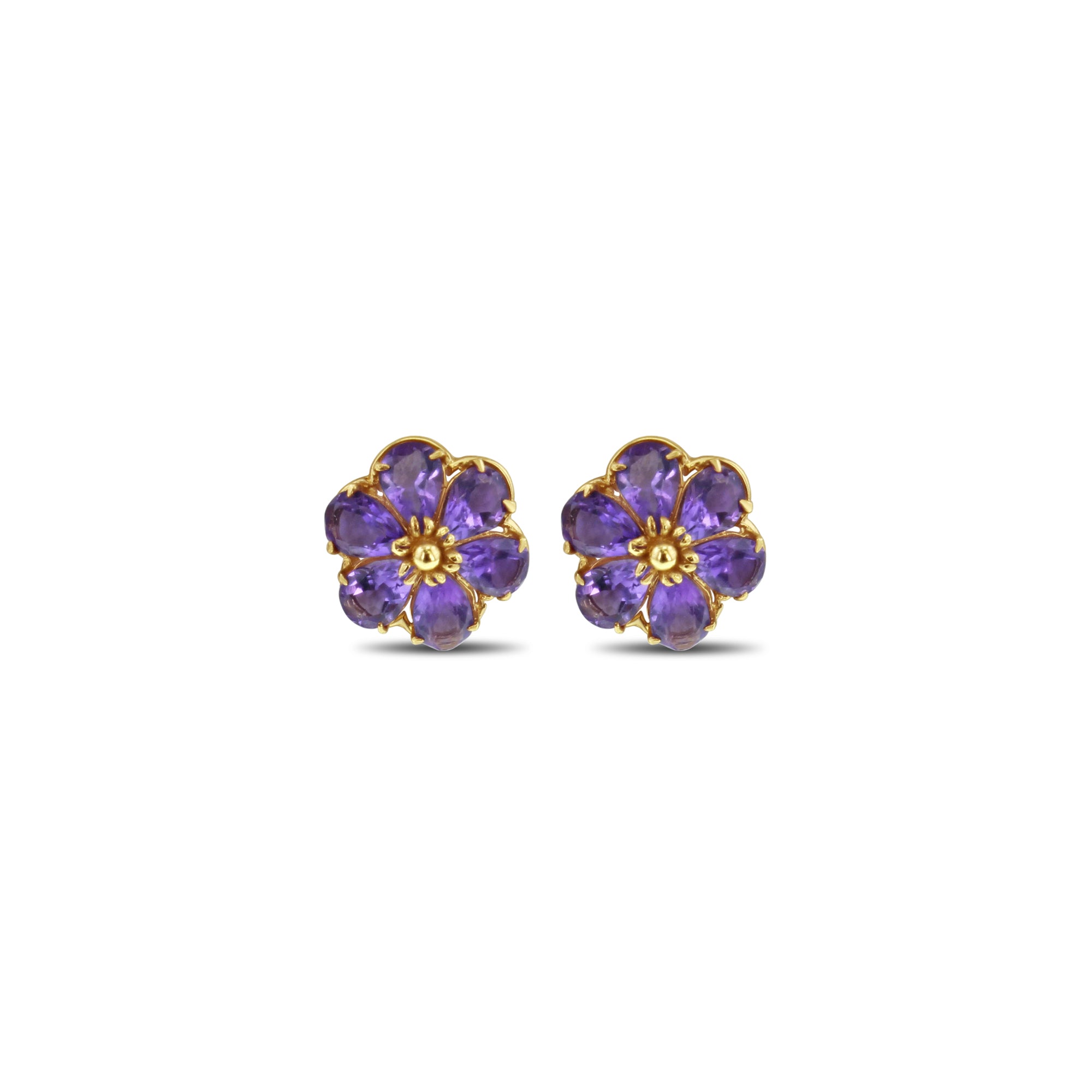 Clous d'oreilles en forme de fleur d'améthyste en or jaune 14 carats