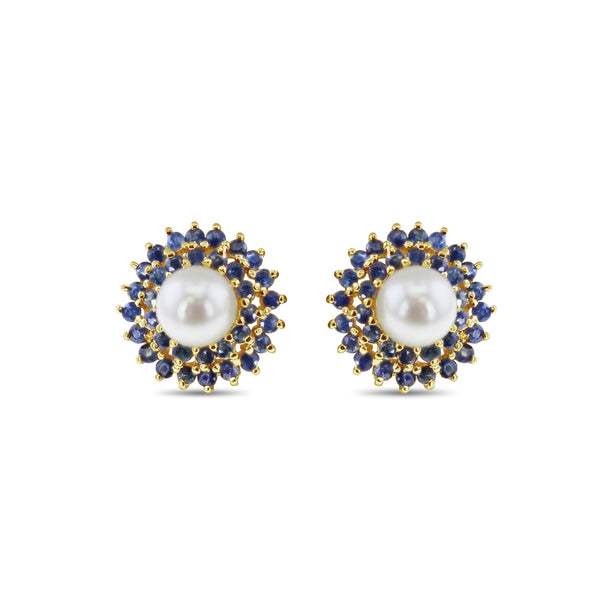 Freshwater Pearl Sapphire Earrings  14k Yellow Gold