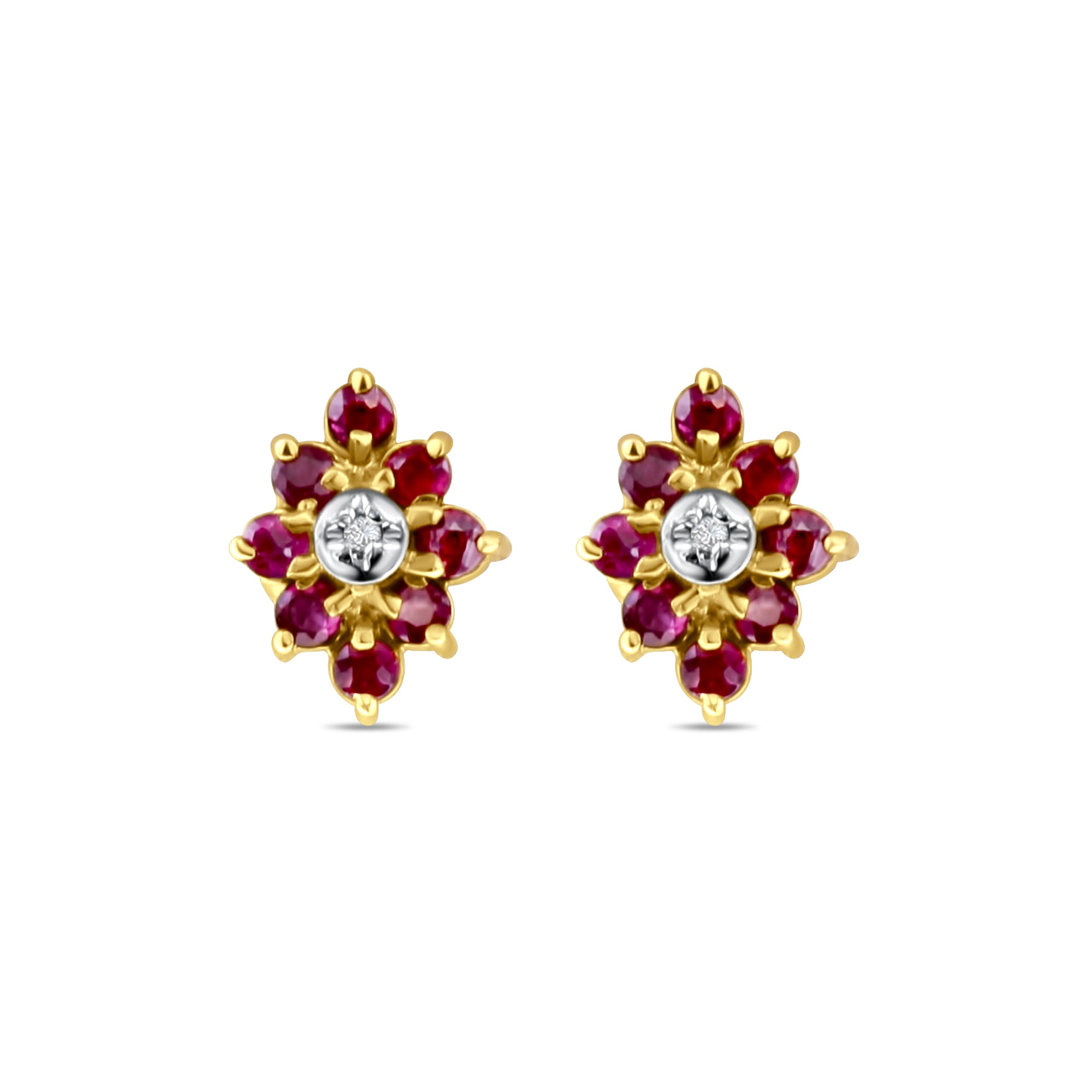 Boucles d'oreilles style vintage en or jaune 10 carats avec grappe de rubis